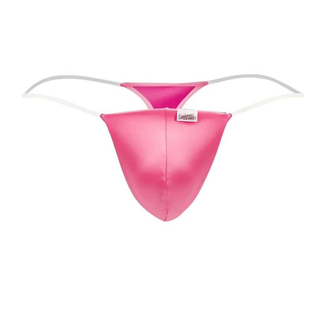 A vibrant hot pink satin-like thong with white elastic straps and a small brand tag candyMan 99548 invisible micro thong