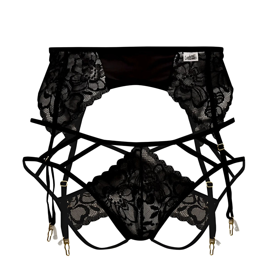 Black lace garter belt with floral patterns and adjustable straps from candyman 99550 lace garter-jockstrap outfit