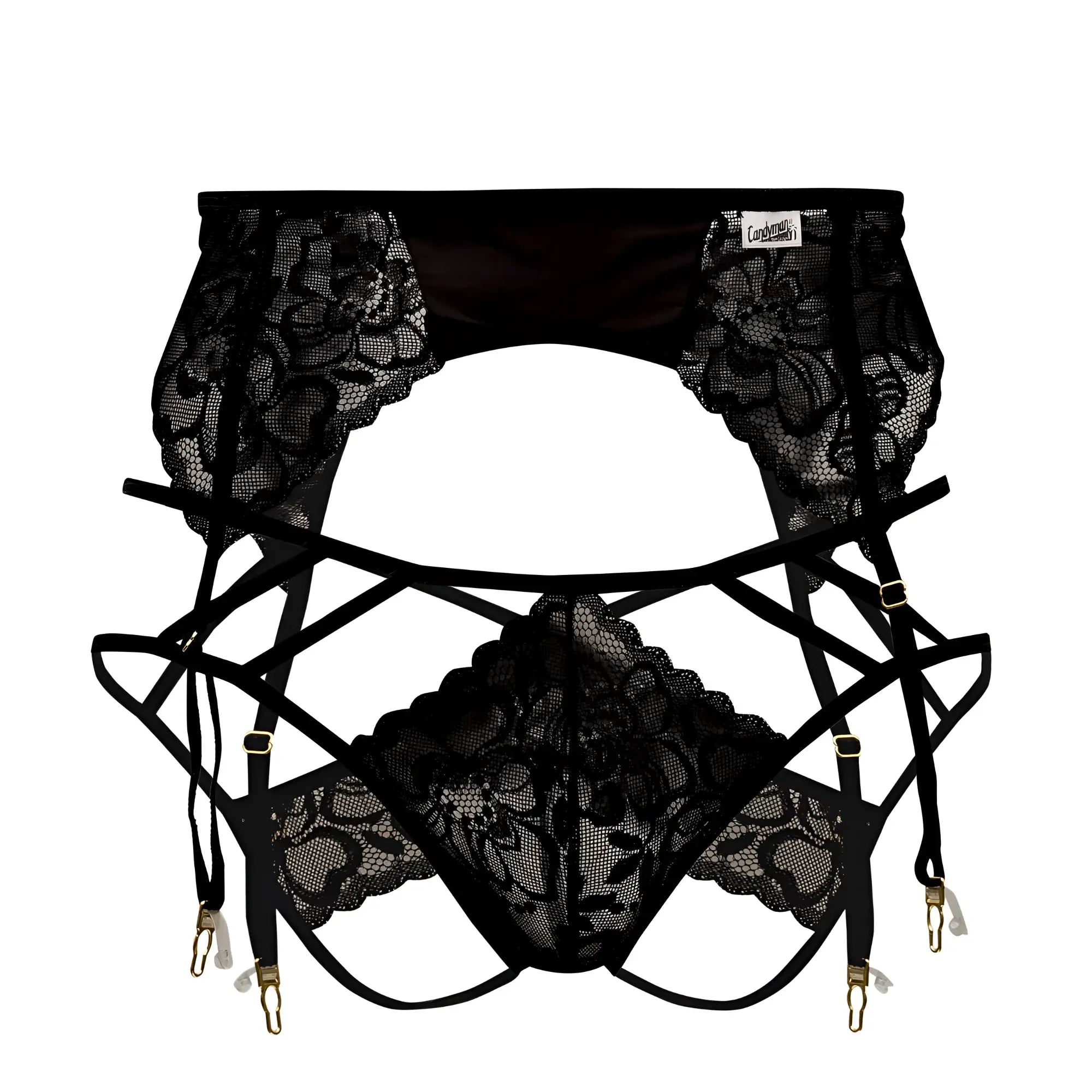 Black lace garter belt with floral patterns and adjustable straps from candyman 99550 lace garter-jockstrap outfit
