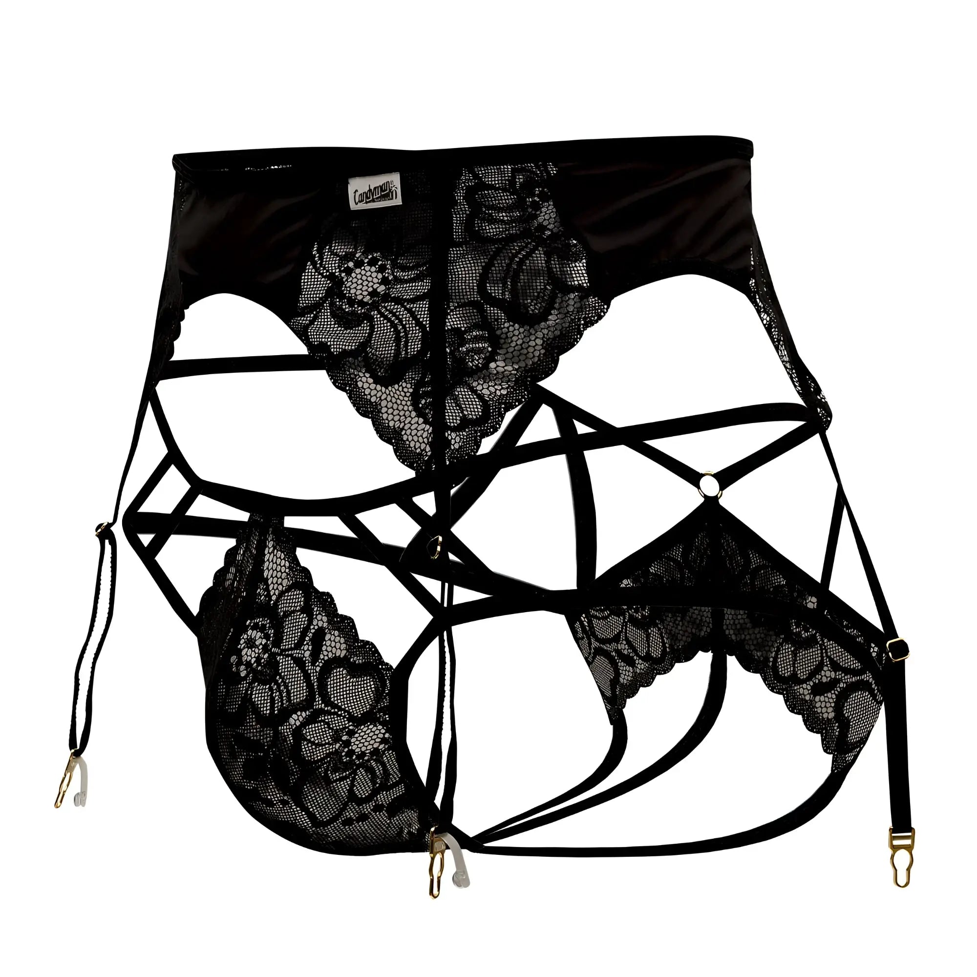 CandyMan 99550 black lace garter belt with floral patterns and adjustable straps for intimate wear