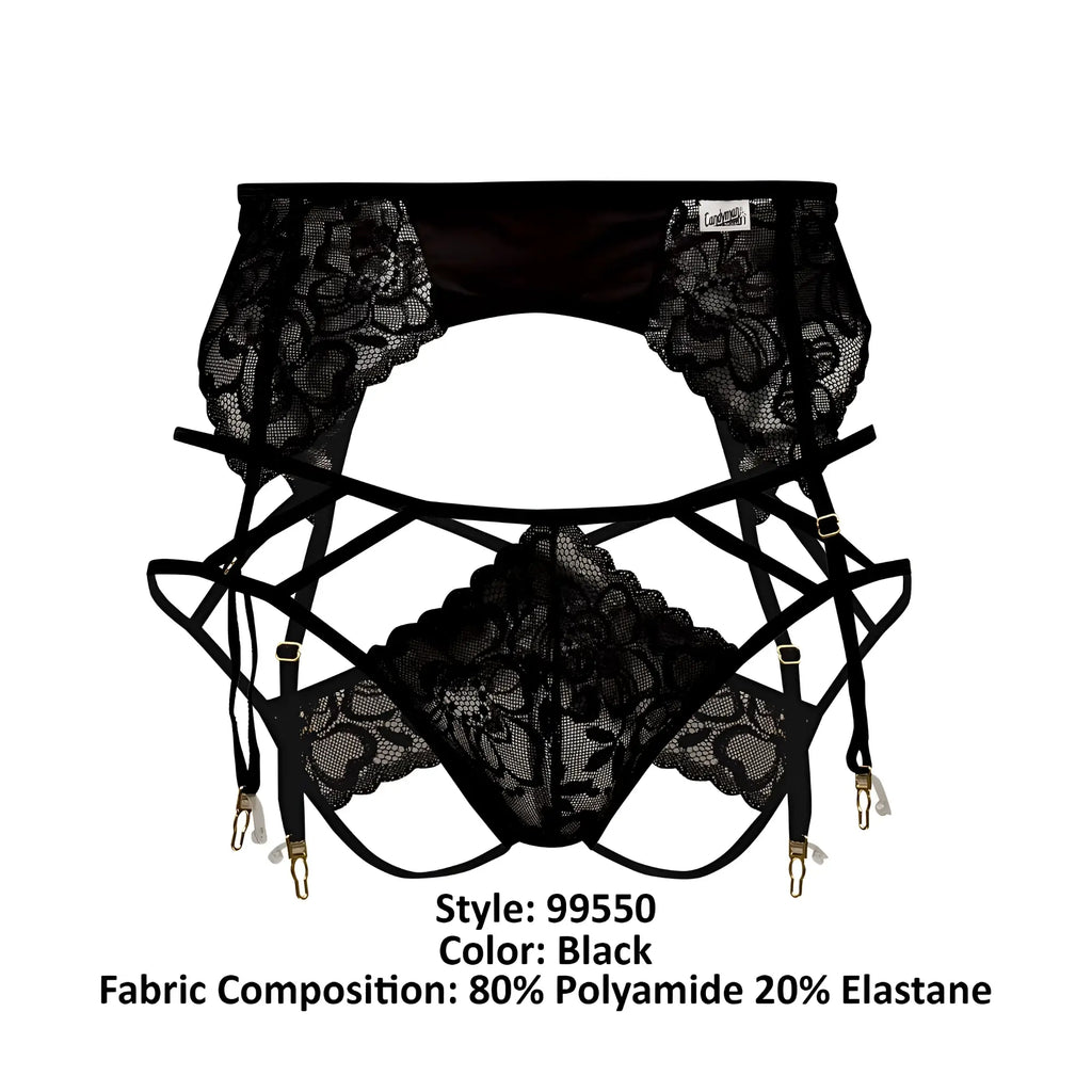 CandyMan 99550 black lace garter-jockstrap outfit featuring intricate floral patterns and adjustable straps