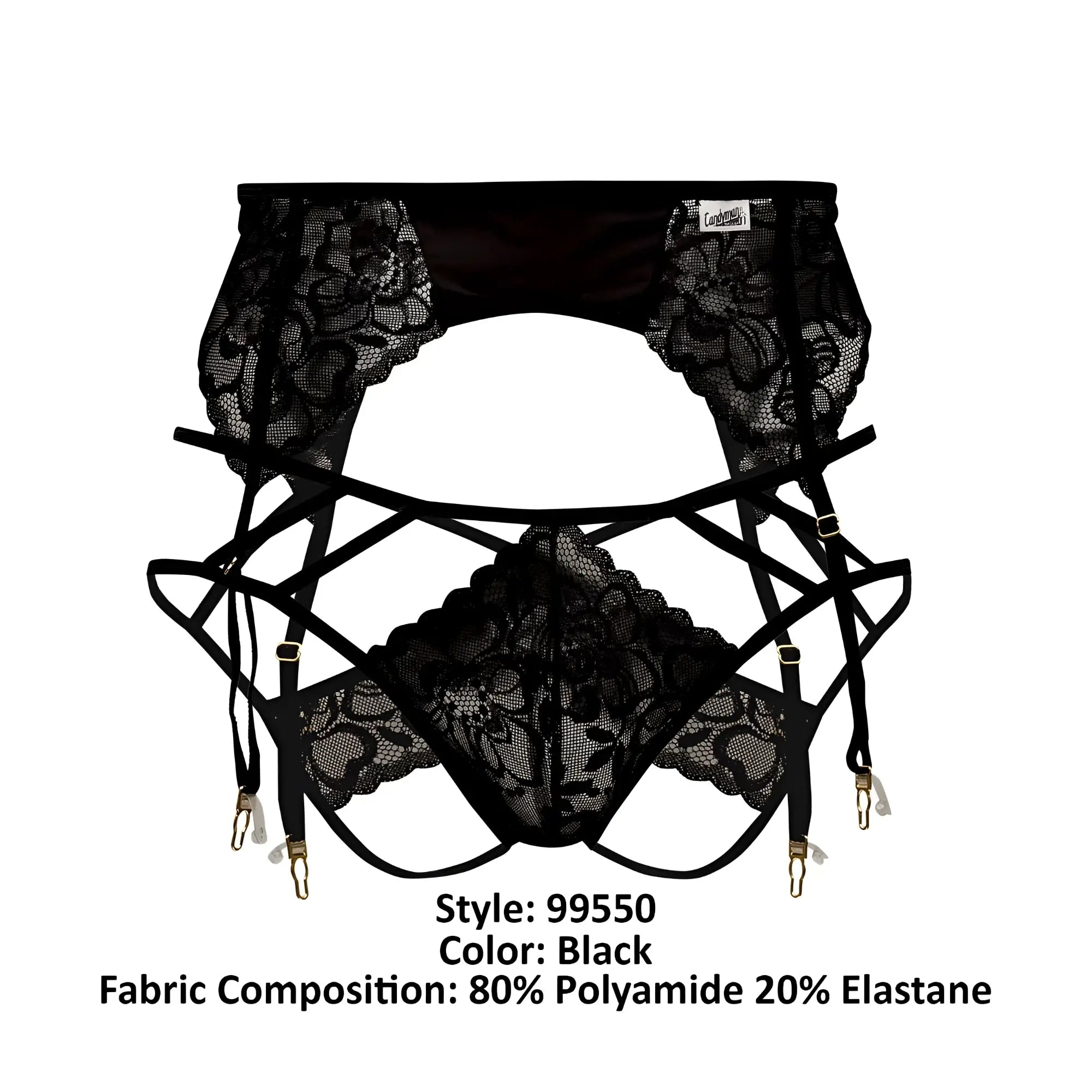CandyMan 99550 black lace garter-jockstrap outfit featuring intricate floral patterns and adjustable straps