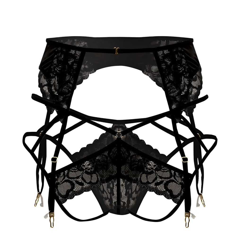 Black lace garter belt with intricate floral patterns and adjustable gold-toned hardware from CandyMan 99550
