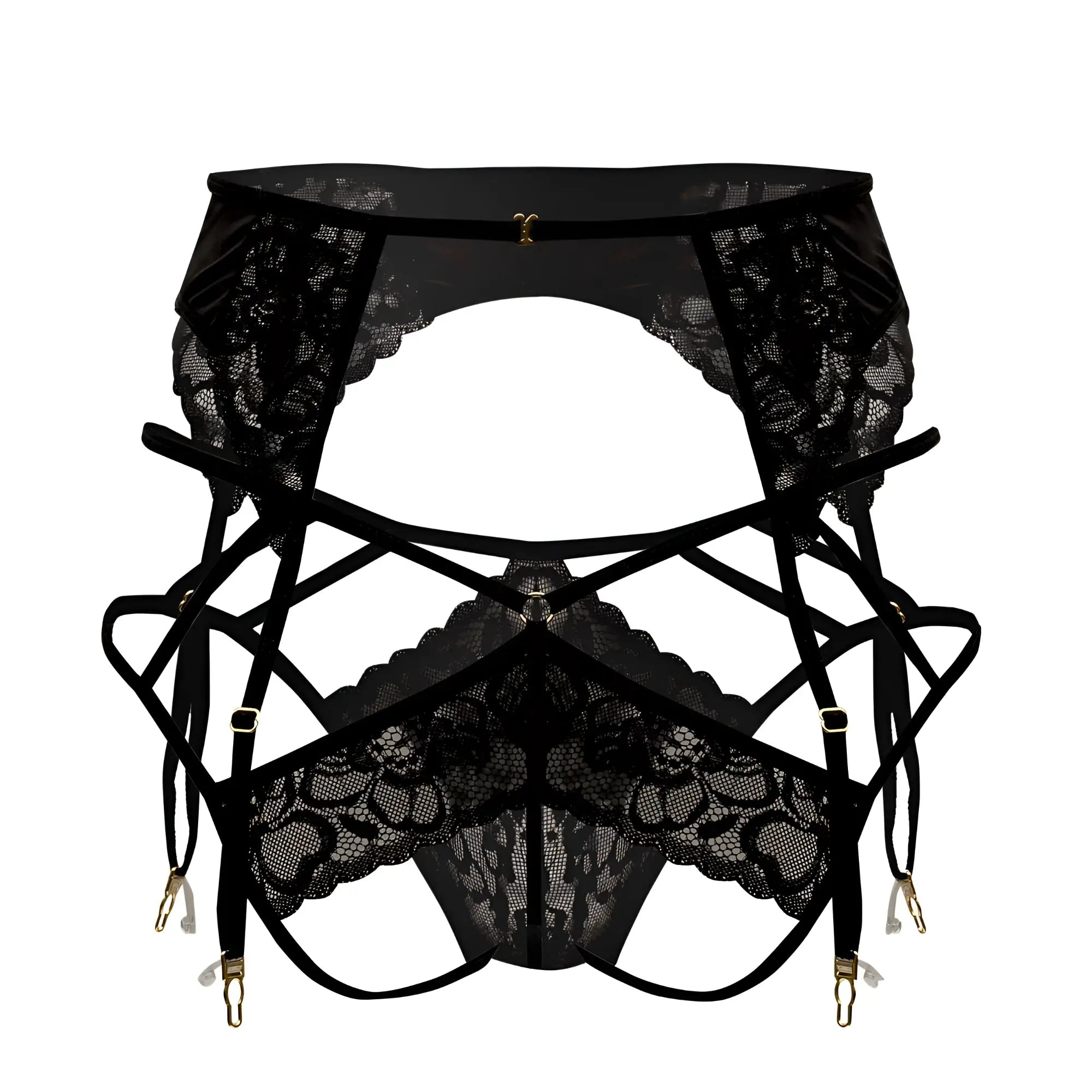 Black lace garter belt with intricate floral patterns and adjustable gold-toned hardware from CandyMan 99550