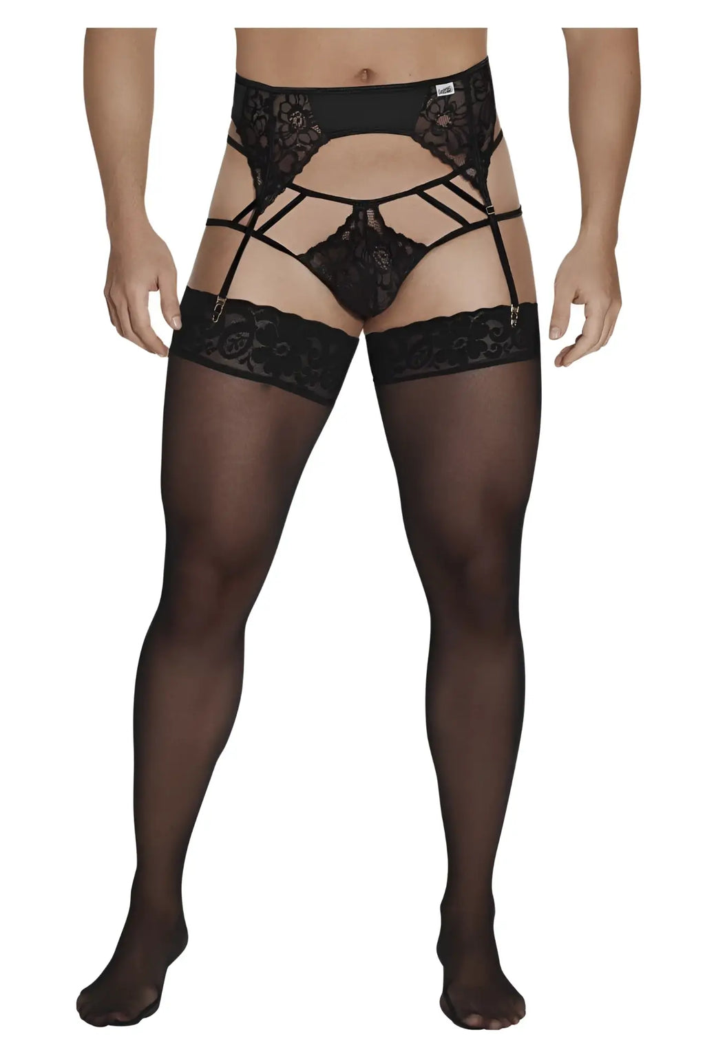 CandyMan 99550 black lace garter-jockstrap outfit with sheer stockings showcasing elegant lingerie details