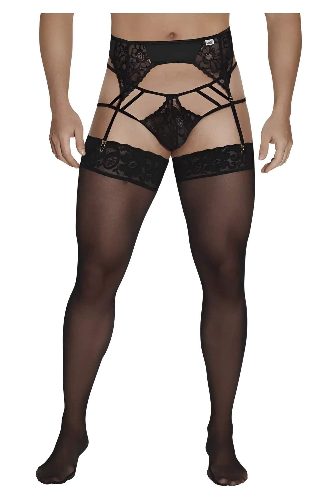 CandyMan 99550 black lace garter-jockstrap outfit with sheer stockings showcasing elegant lingerie details
