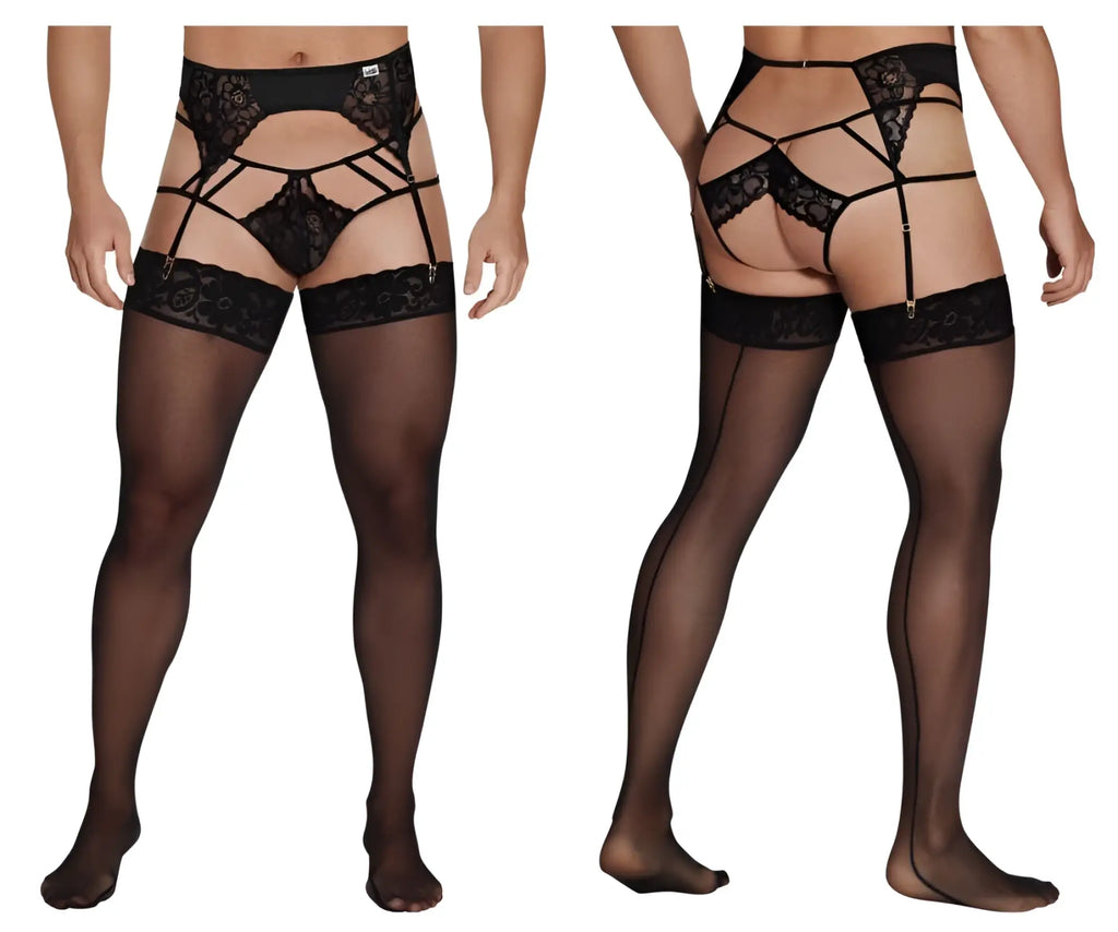 Black lace garter-jockstrap outfit with sheer stockings candyMan 99550 in black showing front view