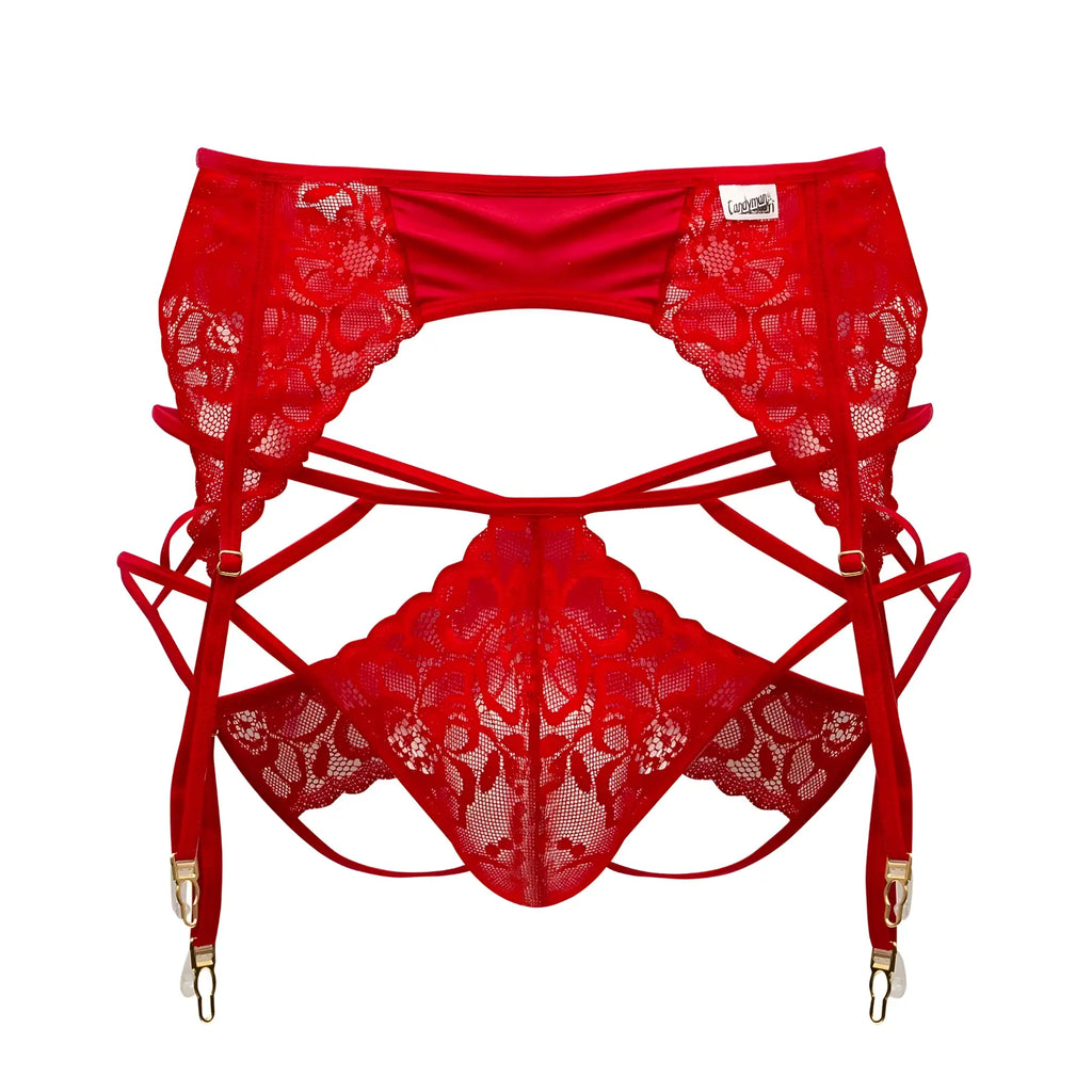 Red lace garter belt with floral patterns and matching suspenders from candyman 99550 lace garter-jockstrap outfit