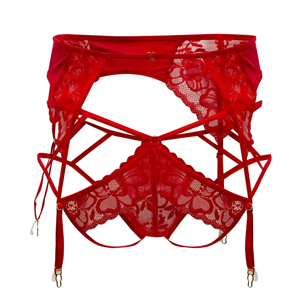 Red lace garter belt with floral patterns and adjustable straps from CandyMan 99550 lace garter-jockstrap outfit