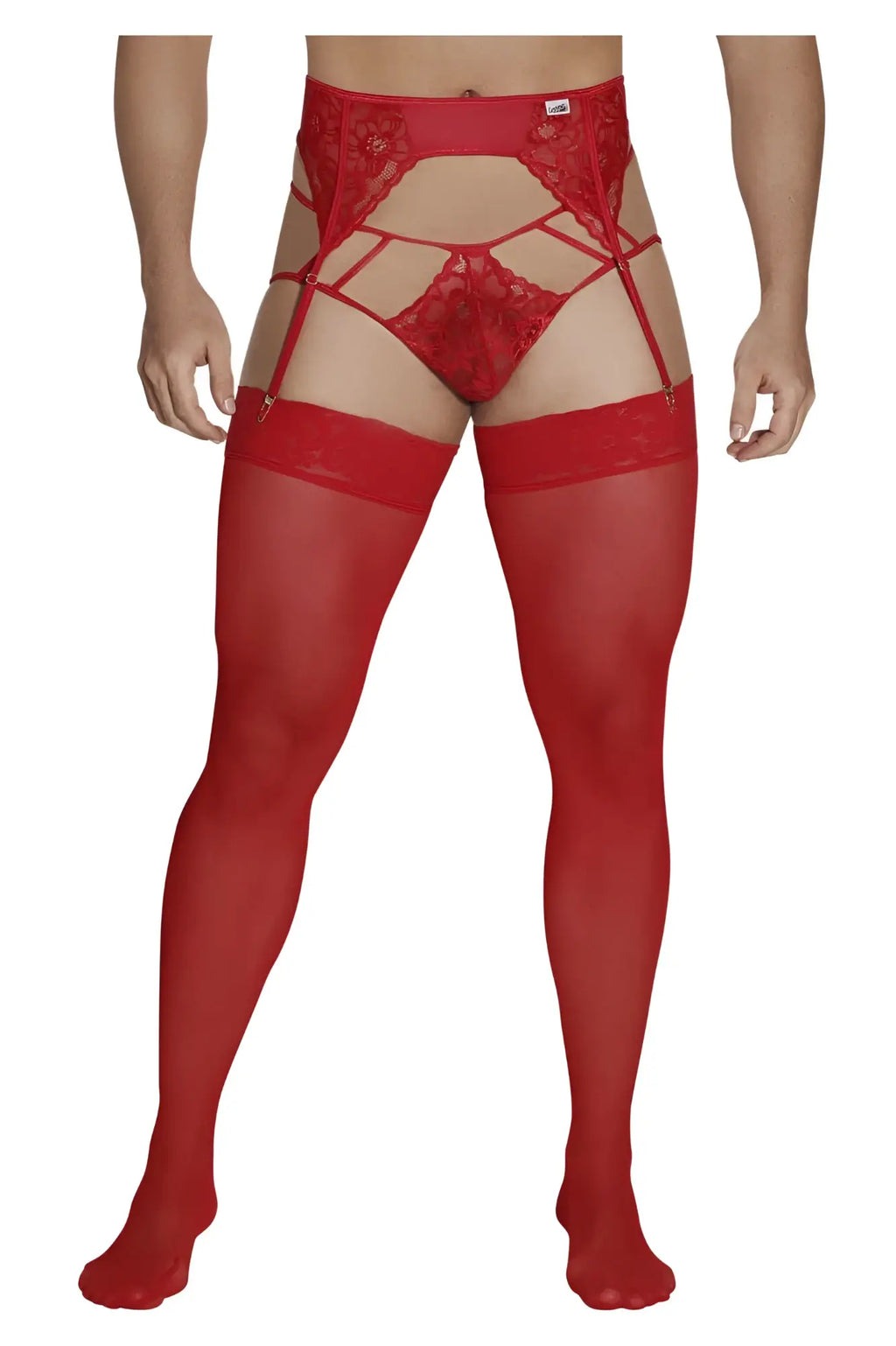 Red lace garter belt with matching sheer stockings from candyman 99550 lace garter-jockstrap outfit in red