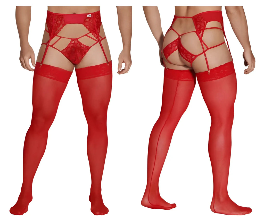 Red lace thigh-high stockings with matching garter belt from CandyMan 99550 lace garter-jockstrap outfit in red
