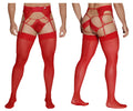Red lace thigh-high stockings with matching garter belt from CandyMan 99550 lace garter-jockstrap outfit in red