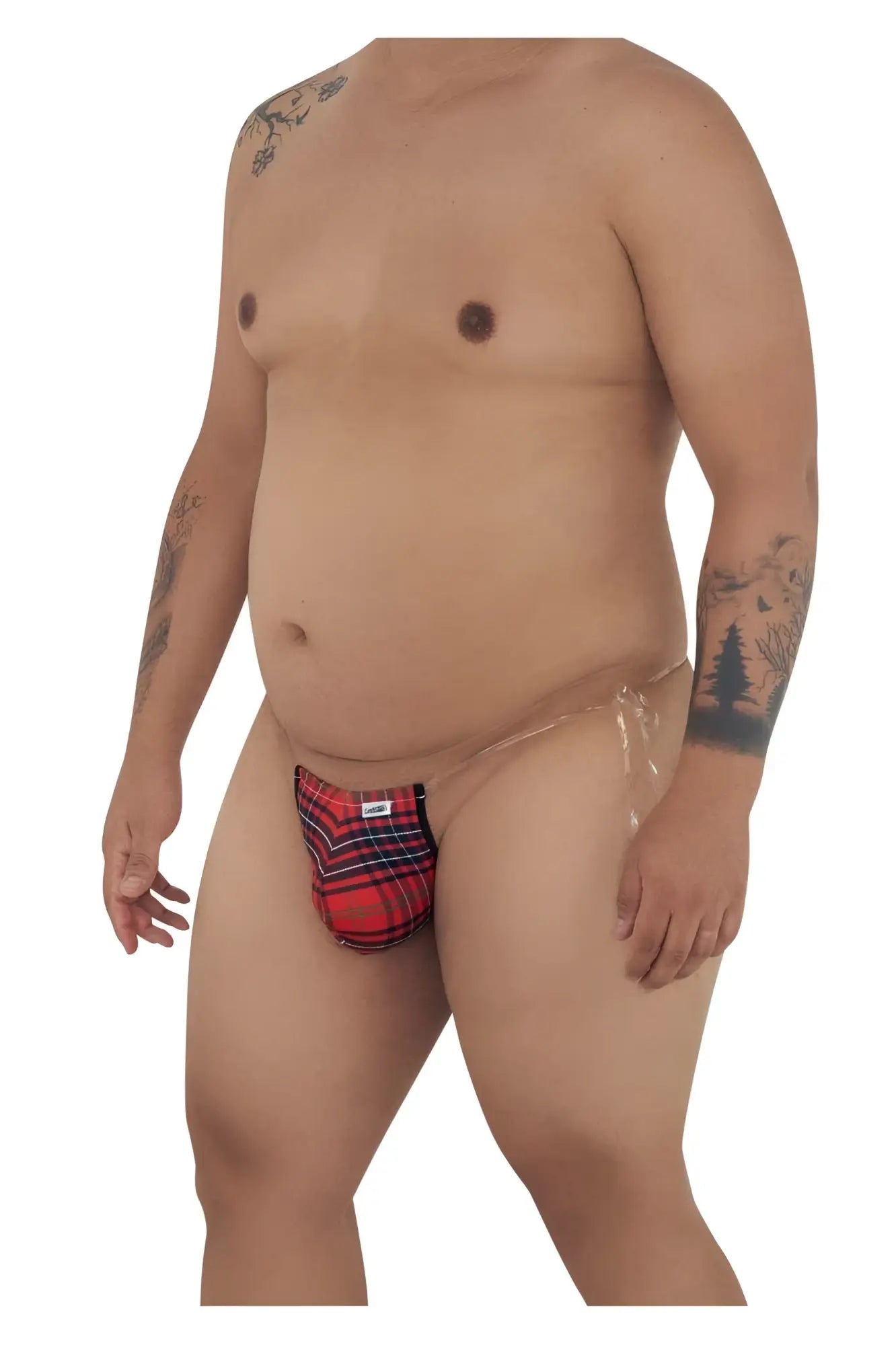 Red and black plaid briefs with transparent side panels candyMan 99571X invisible micro g-string in red prints