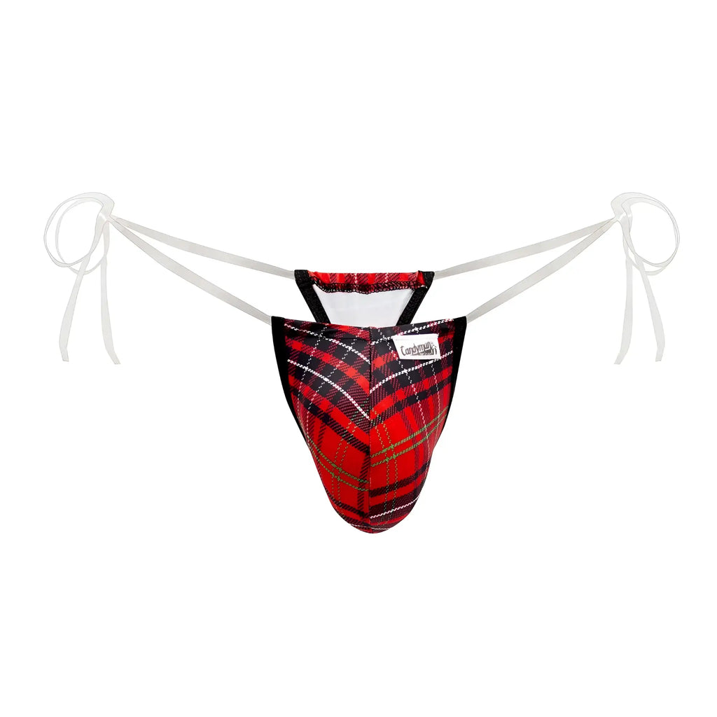 Candyman 99571x invisible micro g-string men’s thong in red and black plaid with white ties visible from the front