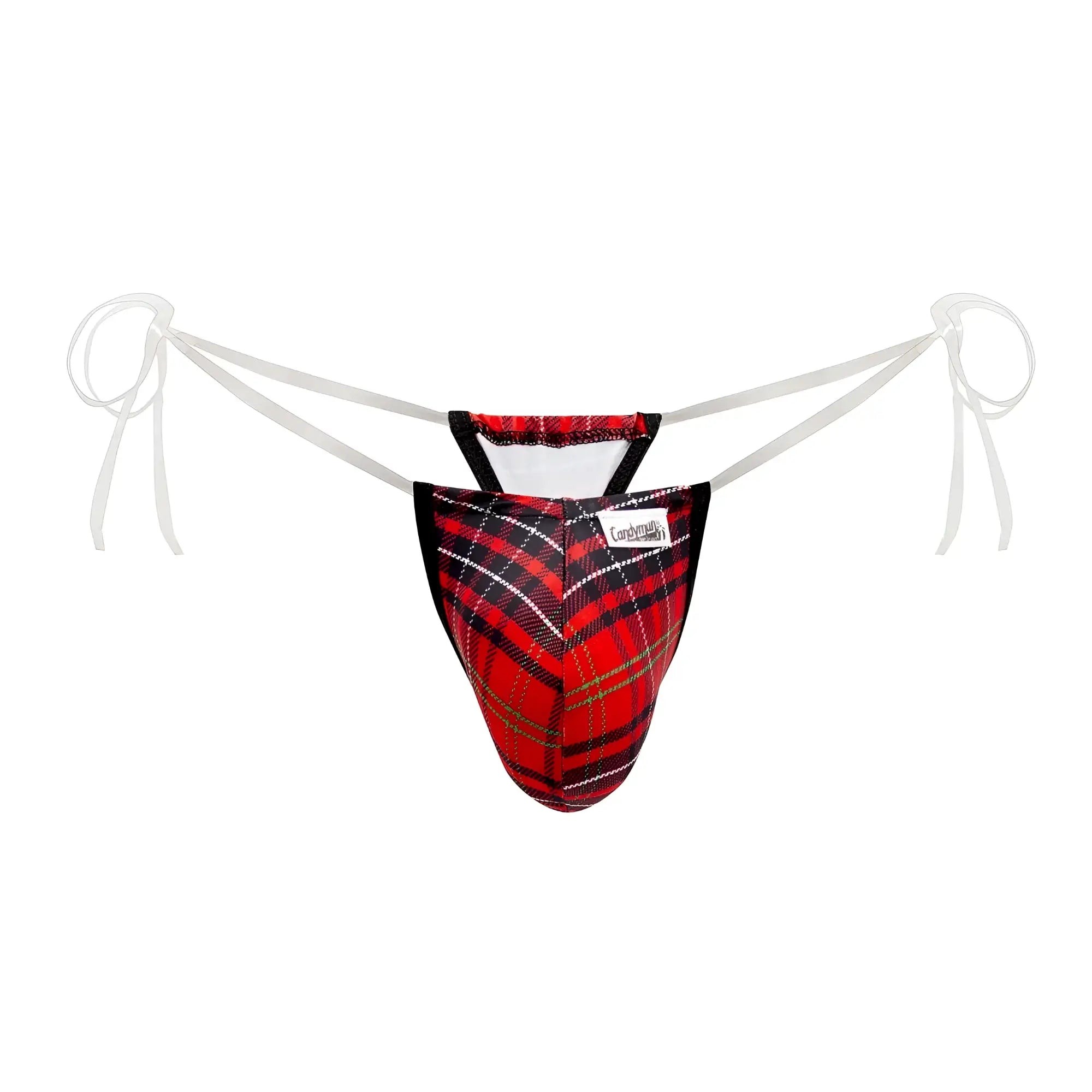 Candyman 99571x invisible micro g-string men’s thong in red and black plaid with white ties visible from the front
