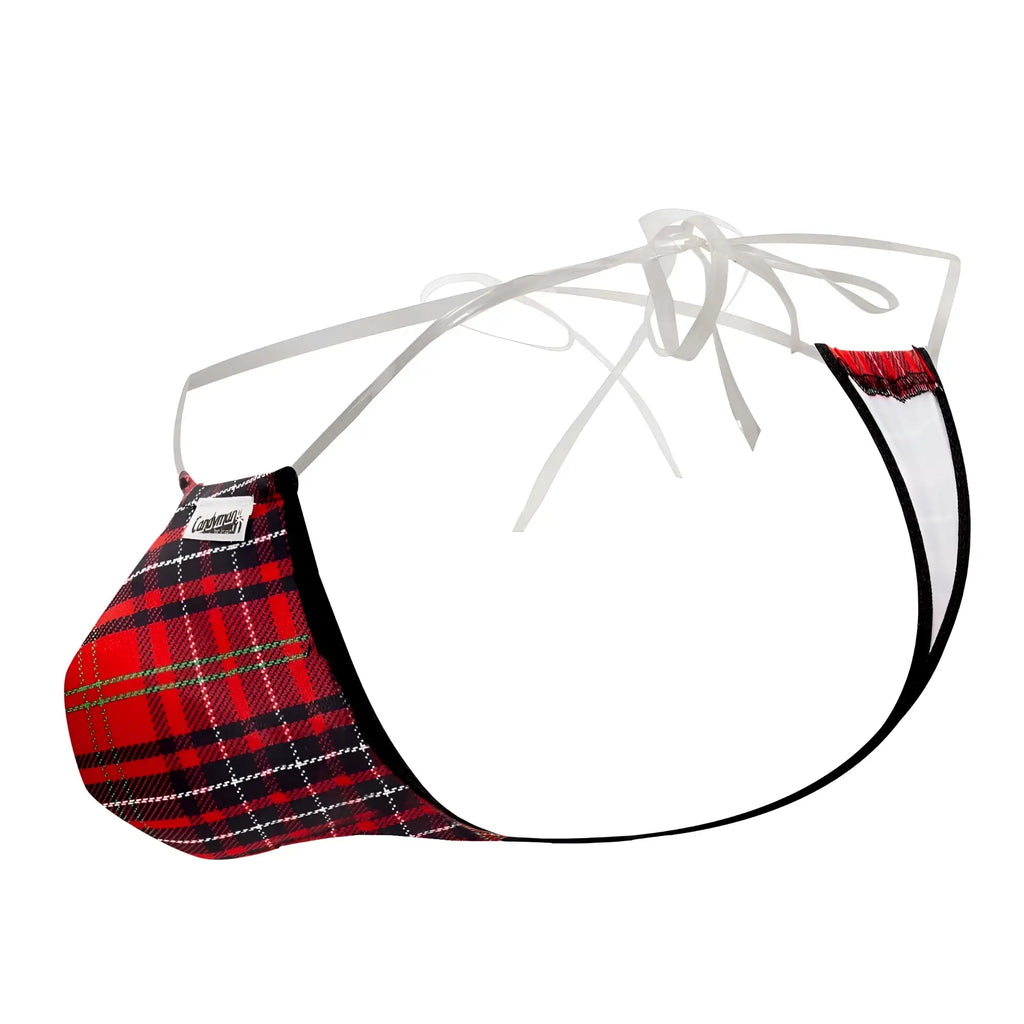 Red and black plaid patterned mens thong with white lace trim in candyman 99571x invisible micro g-string color red prints