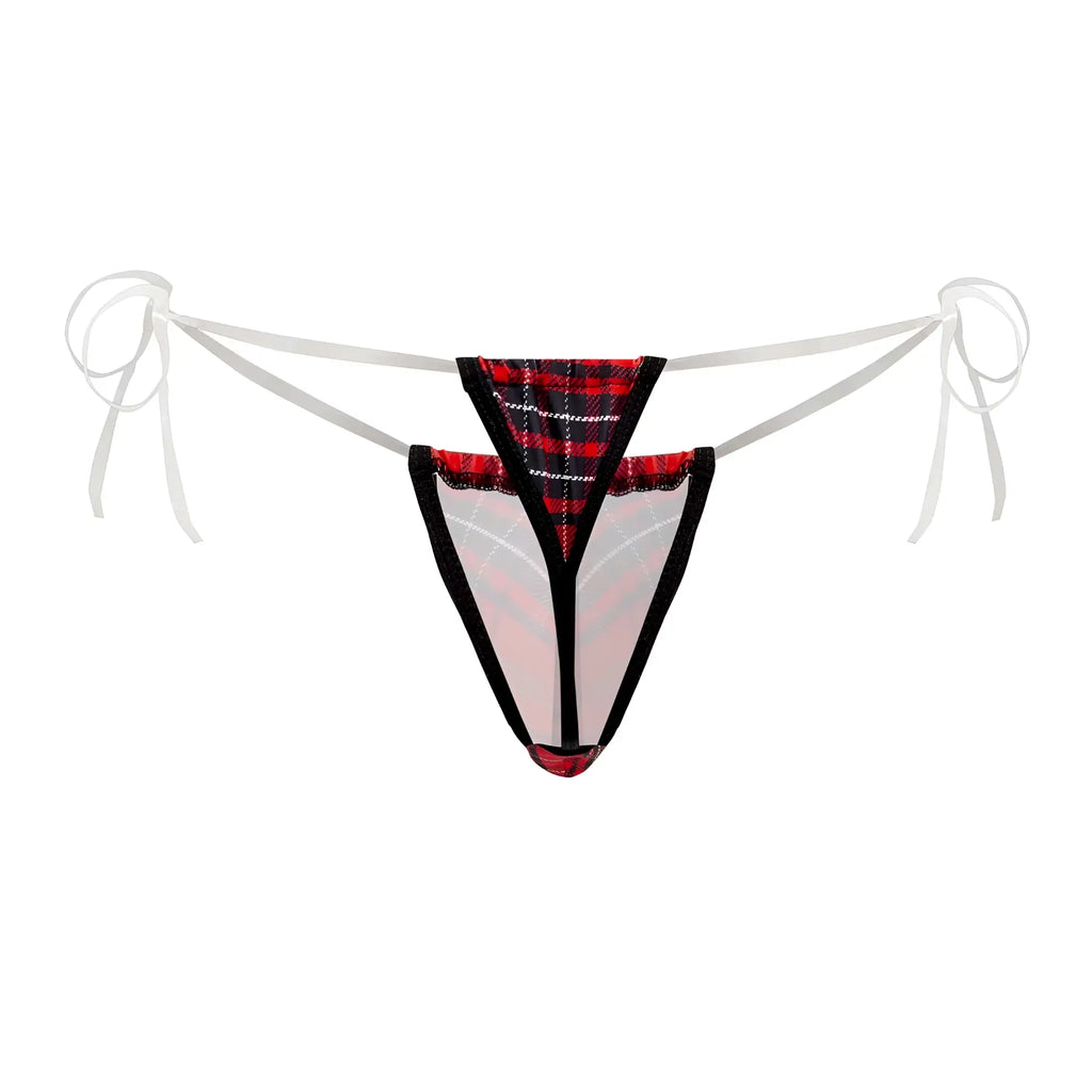 Red and black plaid candy man 99571x invisible micro g-string with sheer mesh panels and white ribbon ties