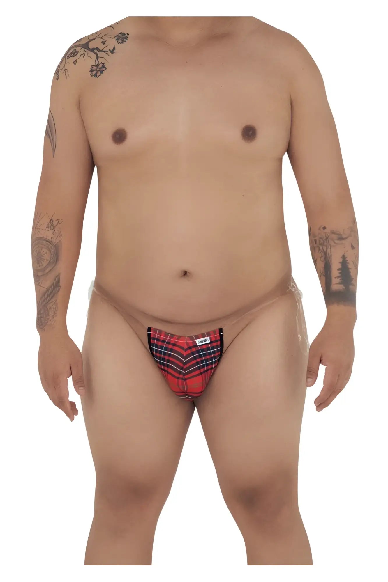 Red and black plaid candyMan 99571X invisible micro g-string briefs with a small white label on the front