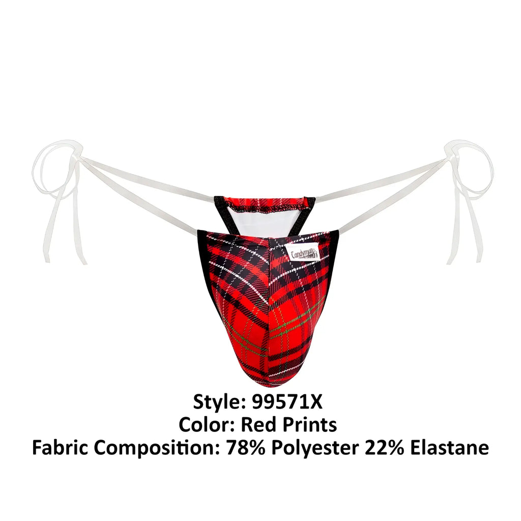 Red plaid mens thong with white ties and black trim made of 78 polyester 22 elastane from candyman 99571x invisible micro g-string