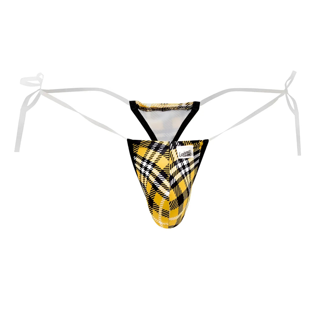 Yellow and black plaid patterned CandyMan 99571X invisible micro g-string with white ties for men