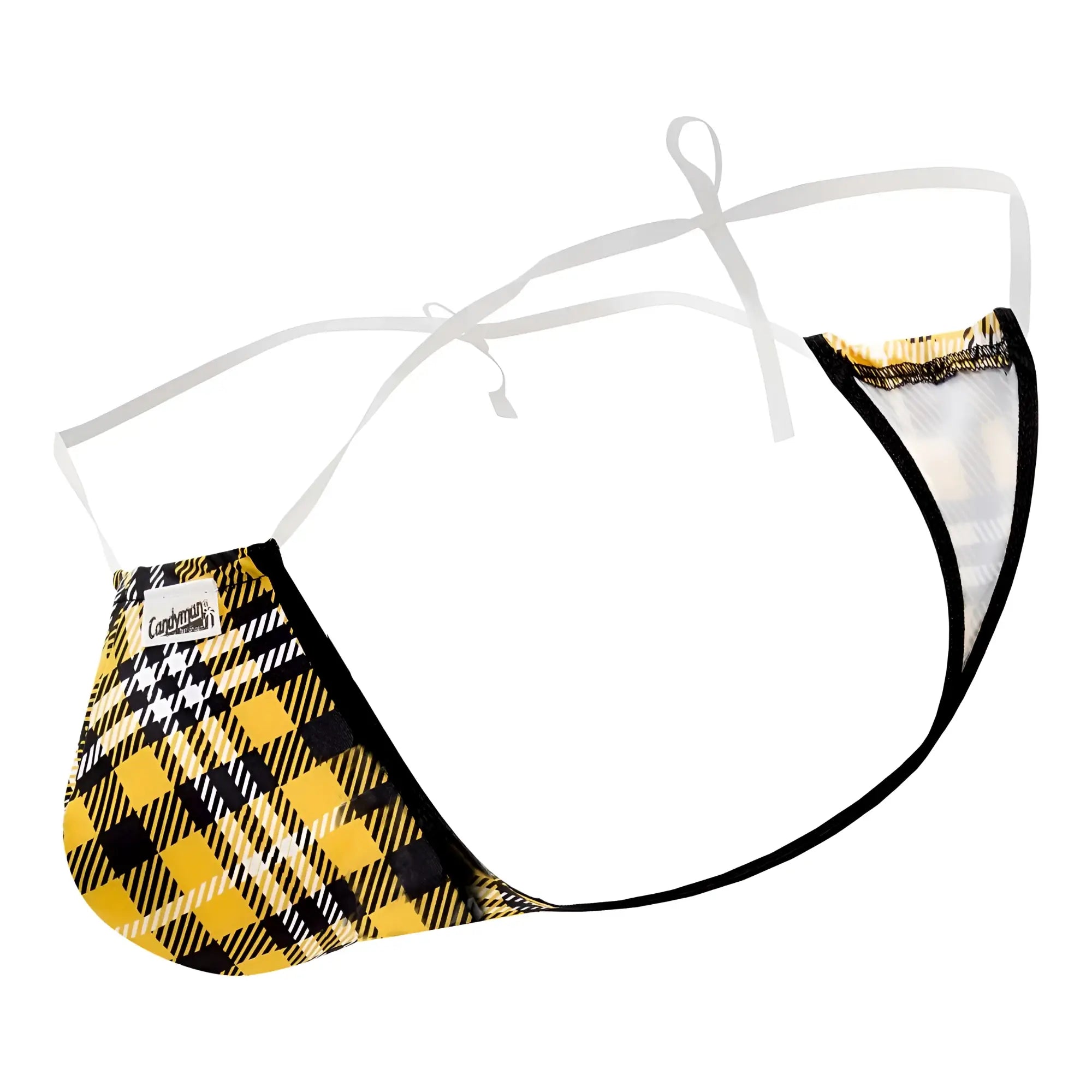 Candyman 99571x invisible micro g-string men’s thong in yellow and black plaid with white tie closures