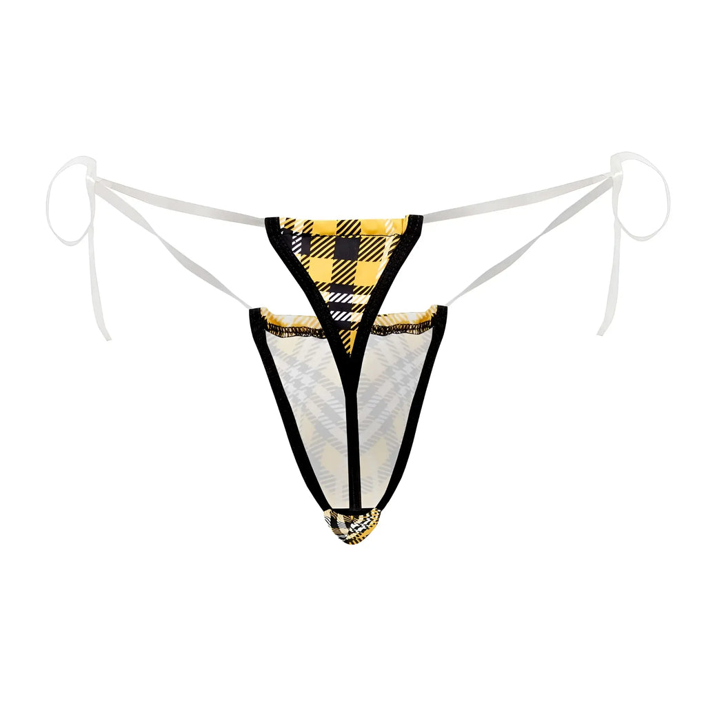 CandyMan 99571X invisible micro g-string in yellow black plaid with sheer mesh panels and black elastic trim