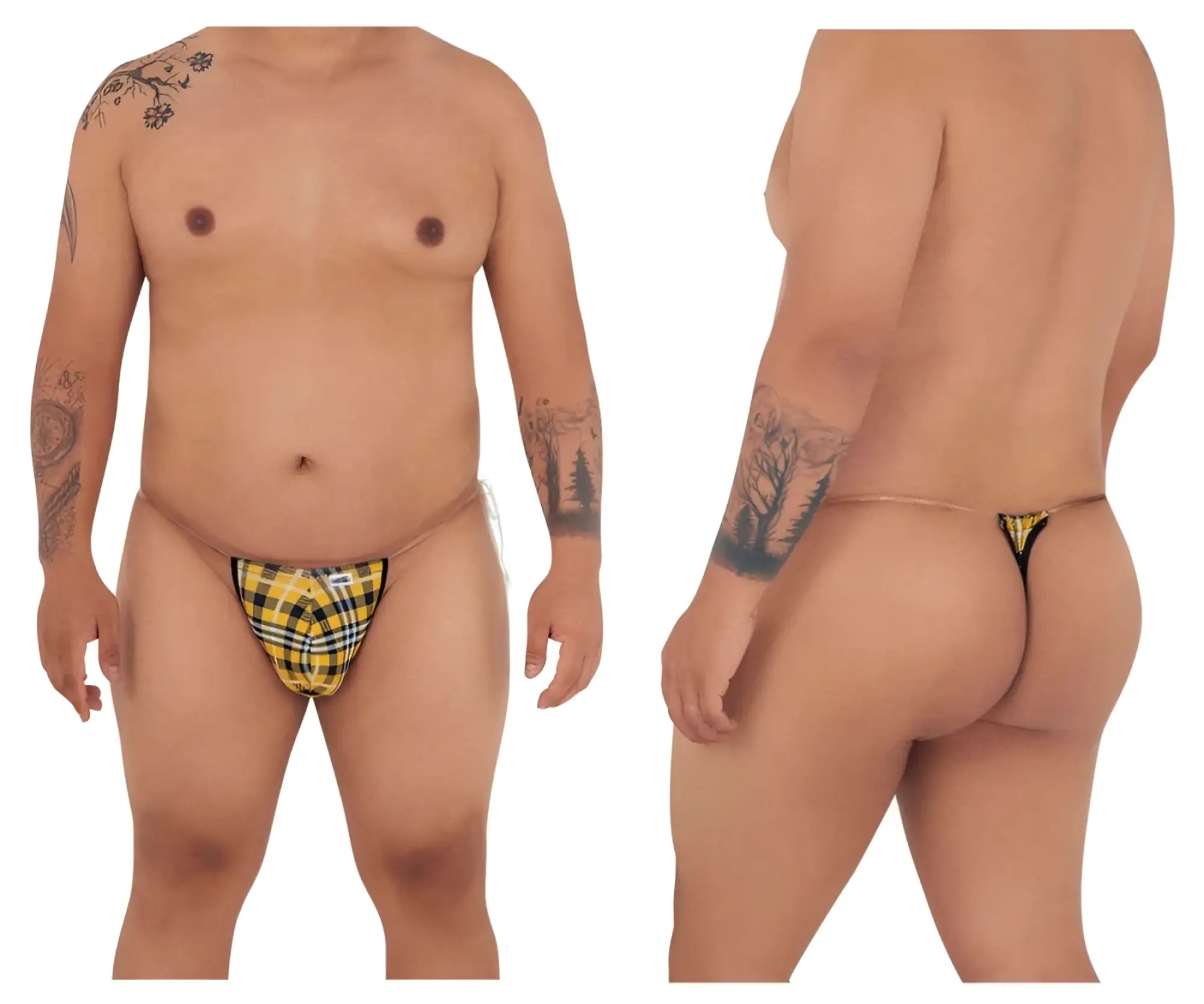 Yellow and black plaid CandyMan 99571X invisible micro g-string with thin elastic waistband shown from the back side