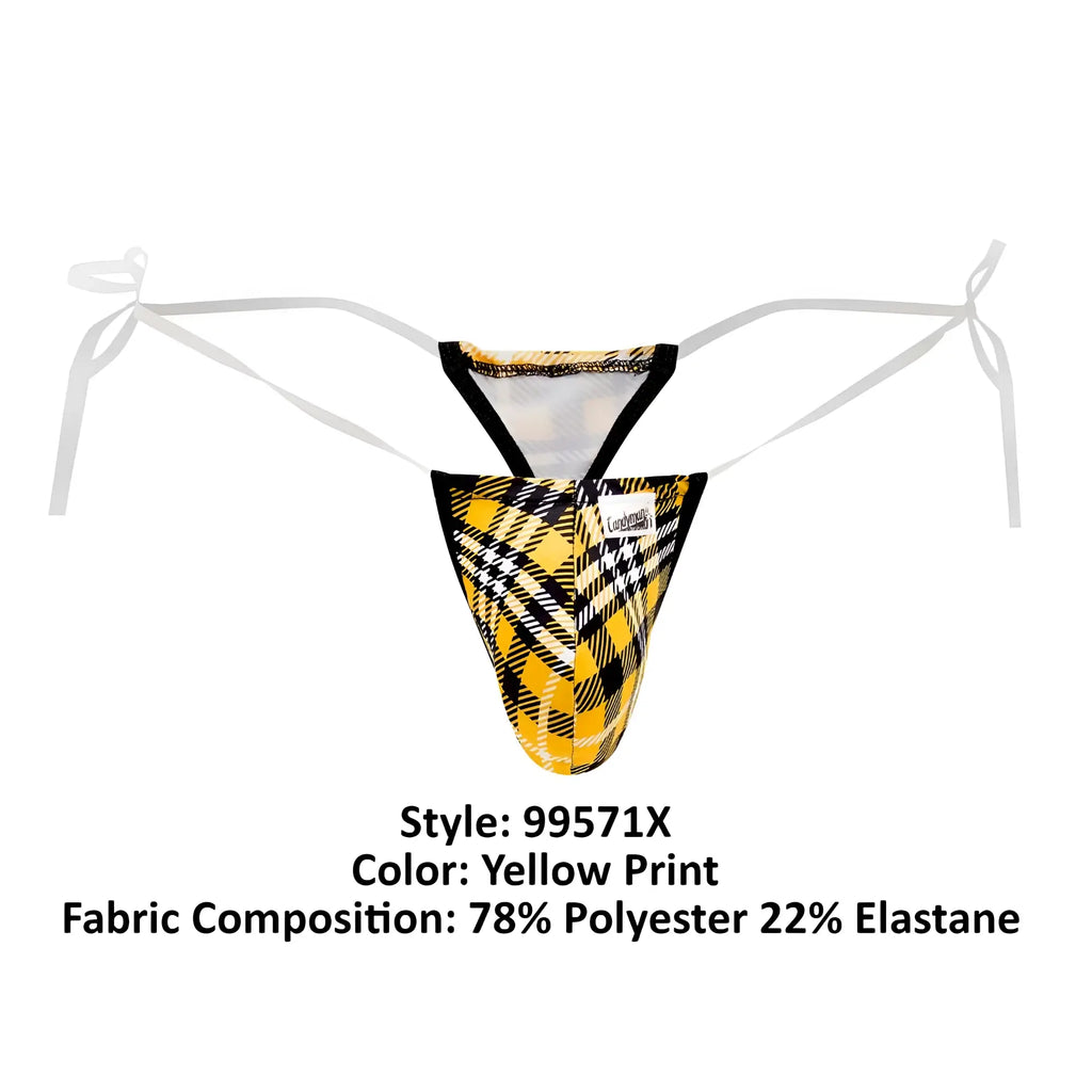 Yellow plaid patterned men’s thong g-string candy man 99571x with black white accents and adjustable white tie straps