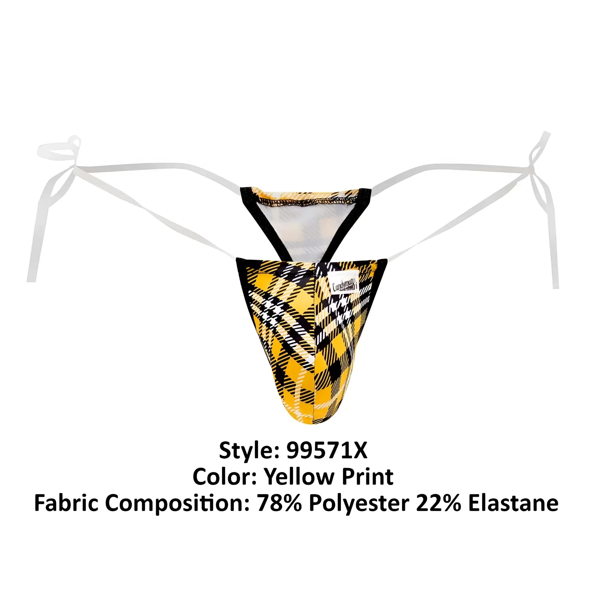 Yellow plaid patterned men’s thong g-string candy man 99571x with black white accents and adjustable white tie straps