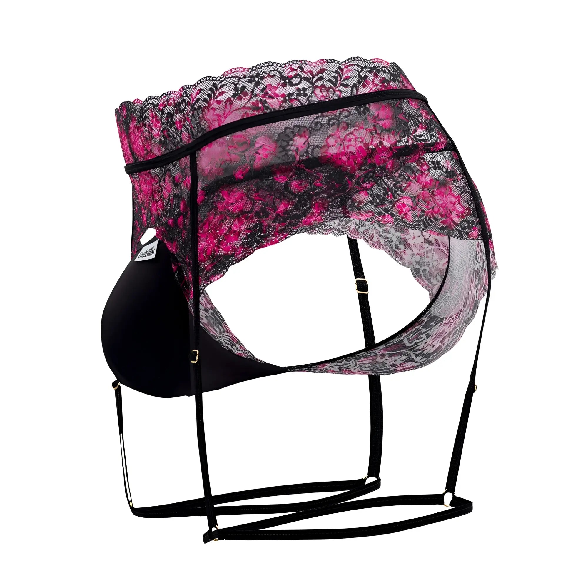 CandyMan 99576X black lace garter thong with vibrant pink floral patterns and delicate scalloped edges