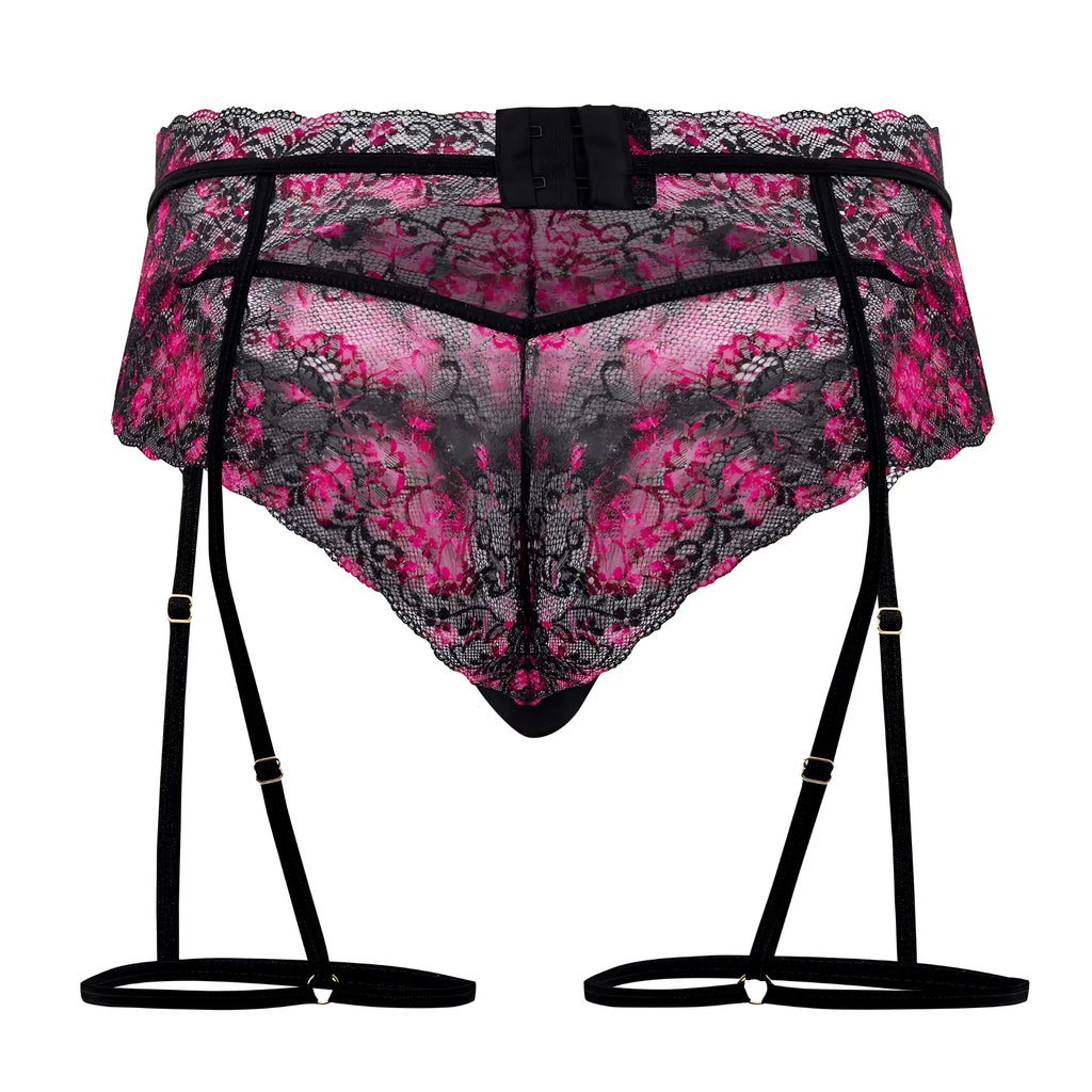 CandyMan 99576X lace garter thongs in black print featuring pink and black floral lace with adjustable straps