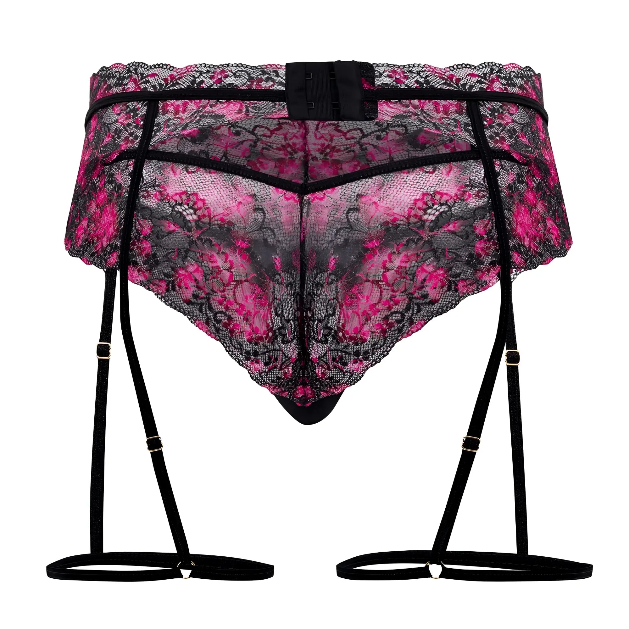 CandyMan 99576X lace garter thongs in black print featuring pink and black floral lace with adjustable straps