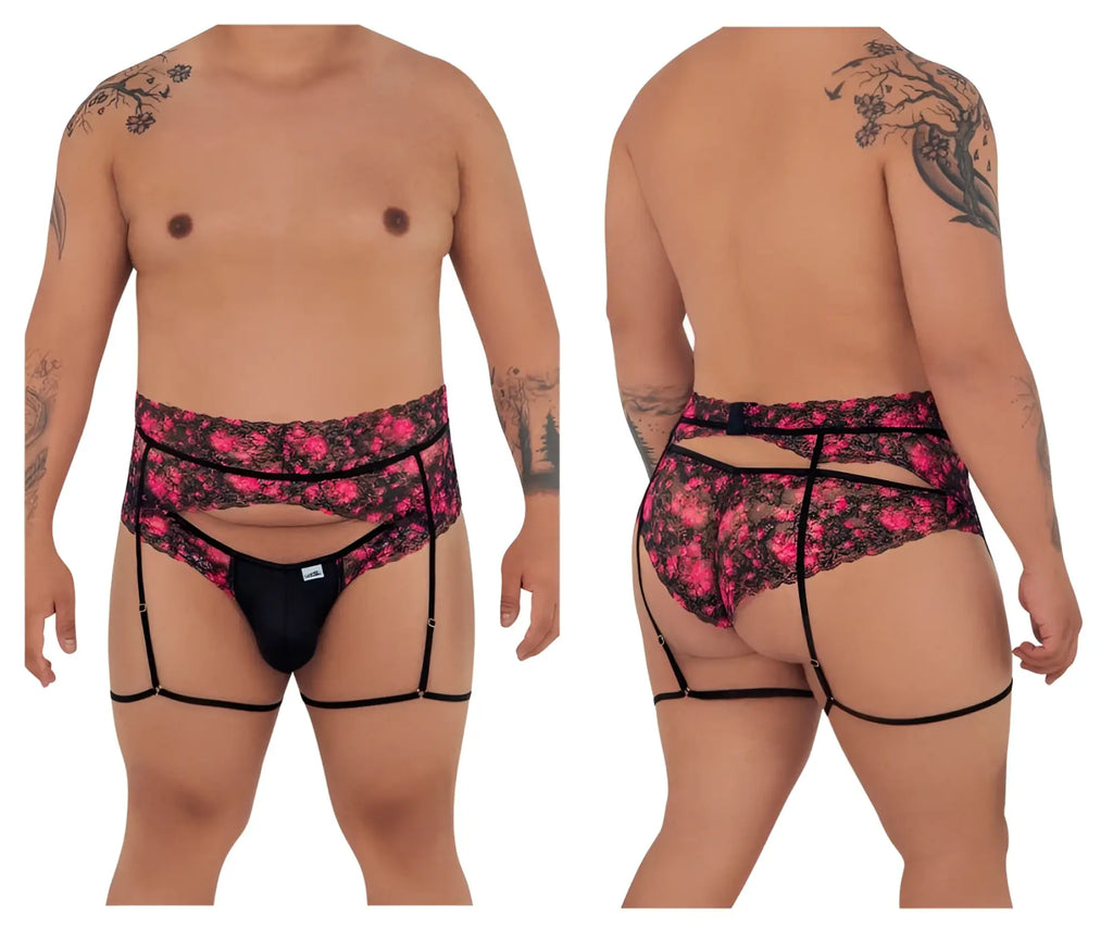 Pink and black floral lace garter belt with matching thong from Candyman 99576X lace garter thongs collection