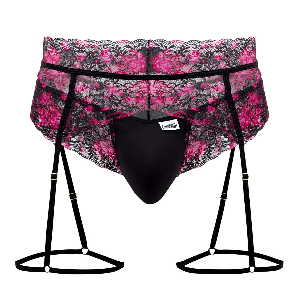 CandyMan 99576X black lace garter thongs with pink floral pattern and black elastic suspenders visible from back side