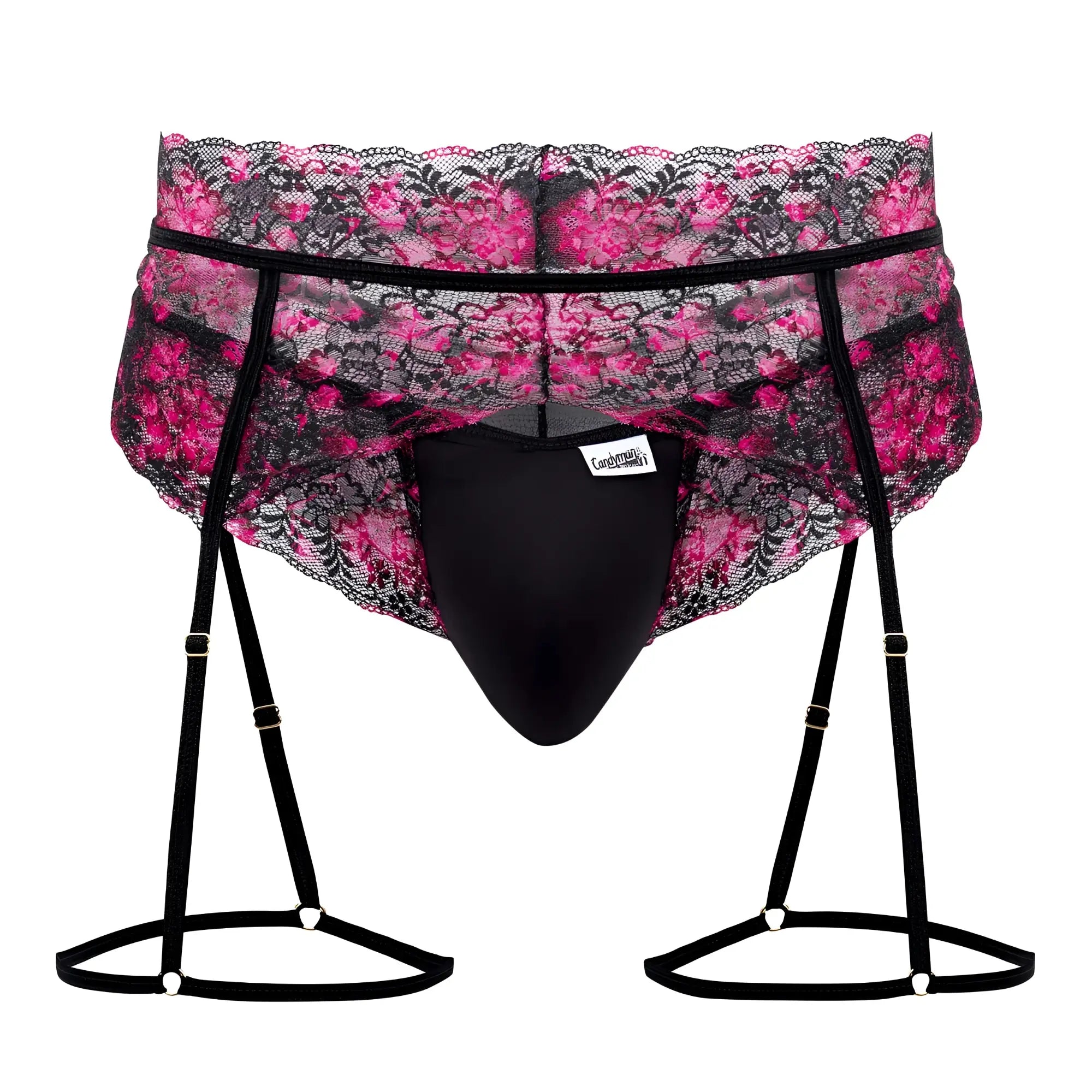CandyMan 99576X black lace garter thongs with pink floral pattern and black elastic suspenders visible from back side