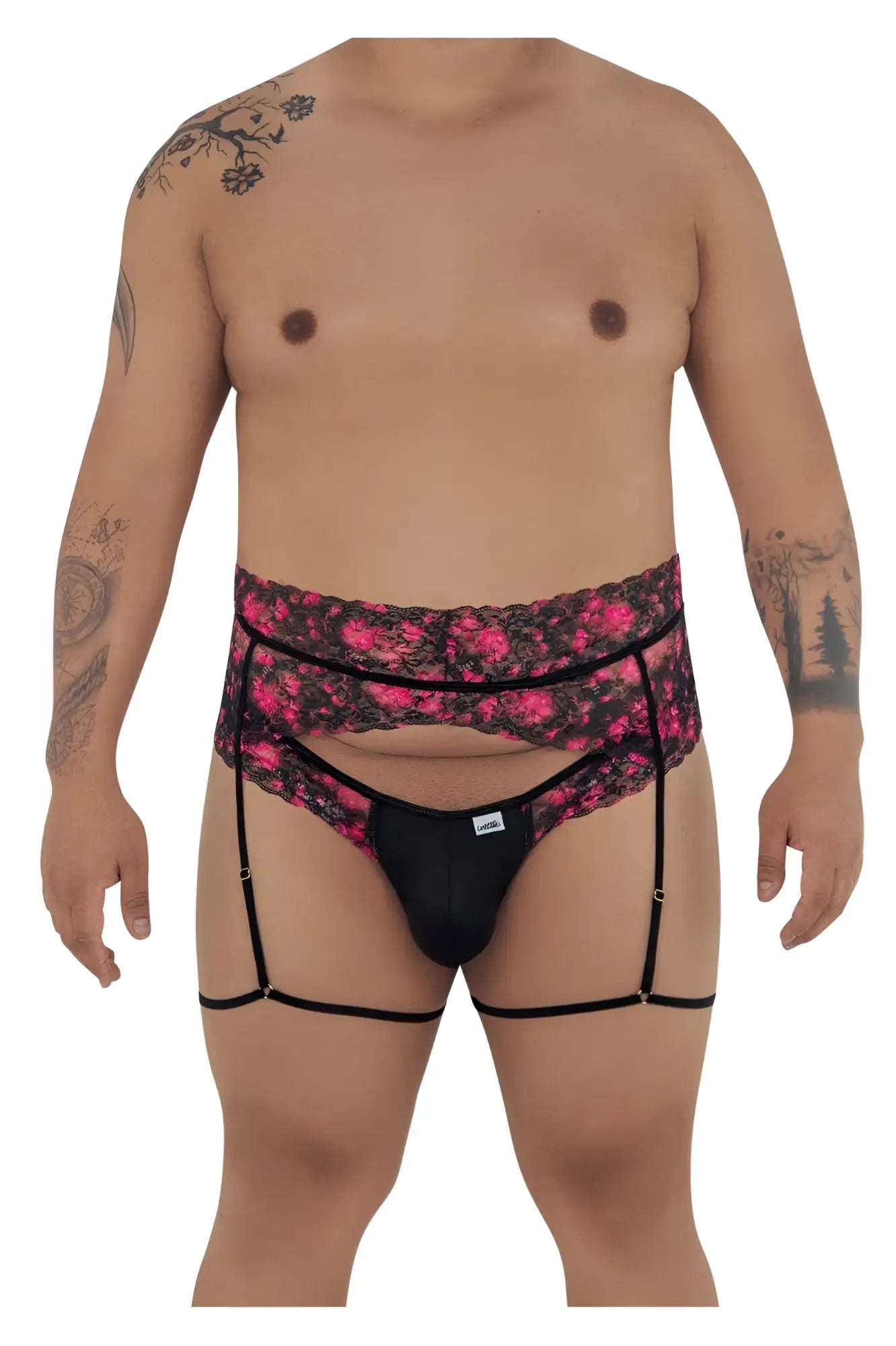Black lace-trimmed candyMan 99576X garter thongs with pink floral pattern and adjustable straps in black print