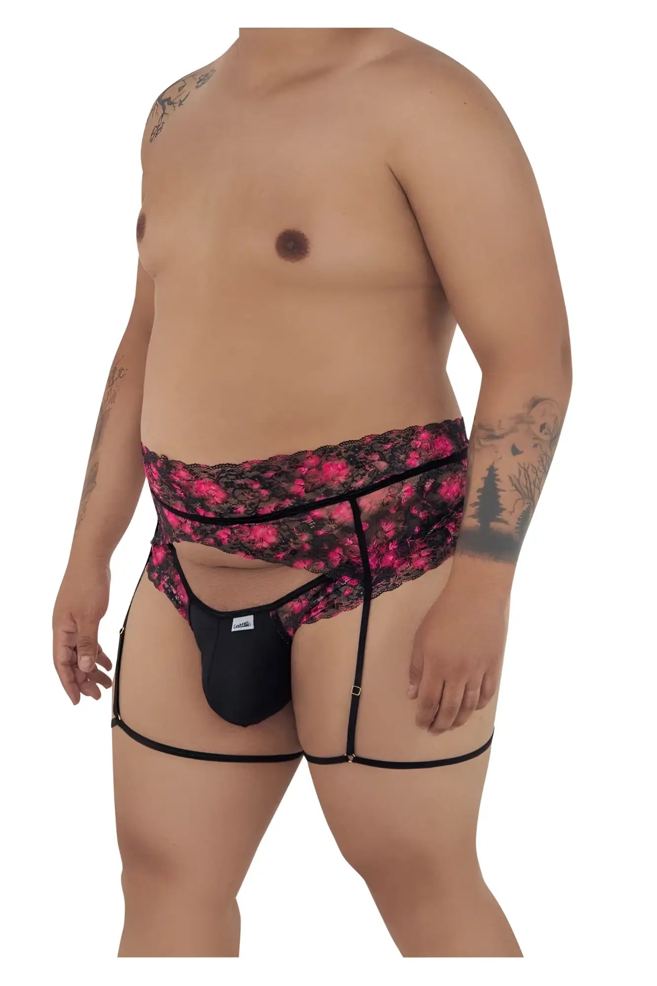Black lace-trimmed mens briefs with pink floral pattern and adjustable straps candy man 99576x lace garter thongs