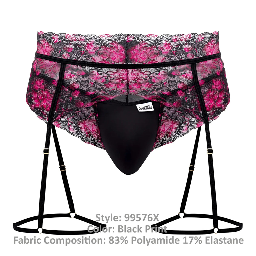 Black lace-trimmed men’s briefs with pink floral print and adjustable suspenders candyMan 99576X lace garter thongs