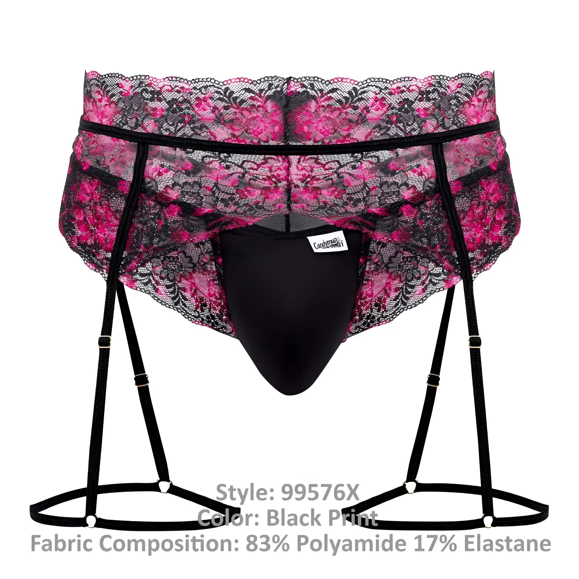 Black lace-trimmed men’s briefs with pink floral print and adjustable suspenders candyMan 99576X lace garter thongs