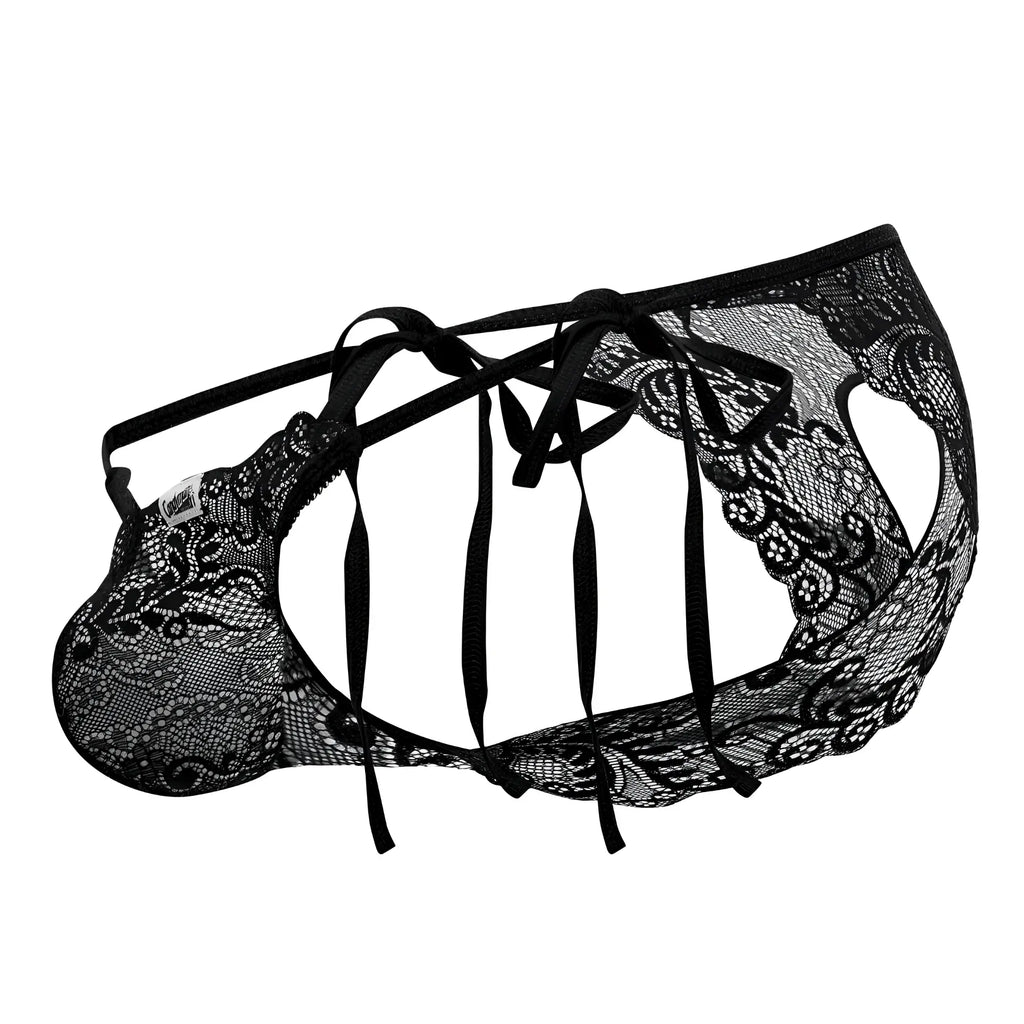CandyMan 99579 black lace heart bikini with intricate floral patterns and adjustable tie-back straps shown from the back