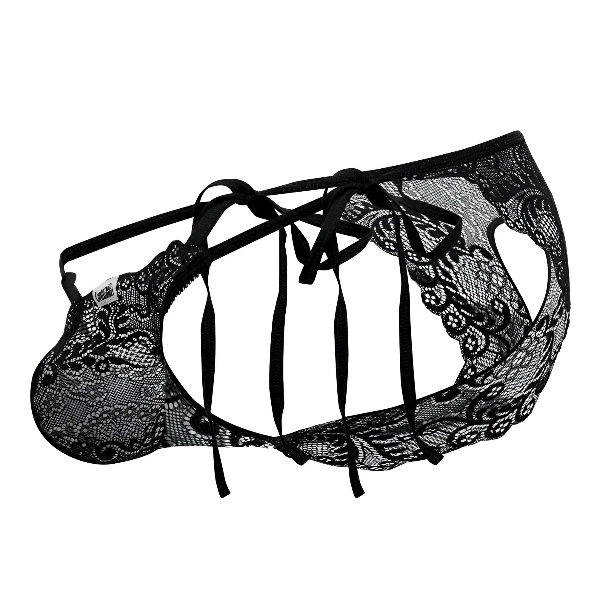 CandyMan 99579 black lace heart bikini with intricate floral patterns and adjustable tie-back straps shown from the back