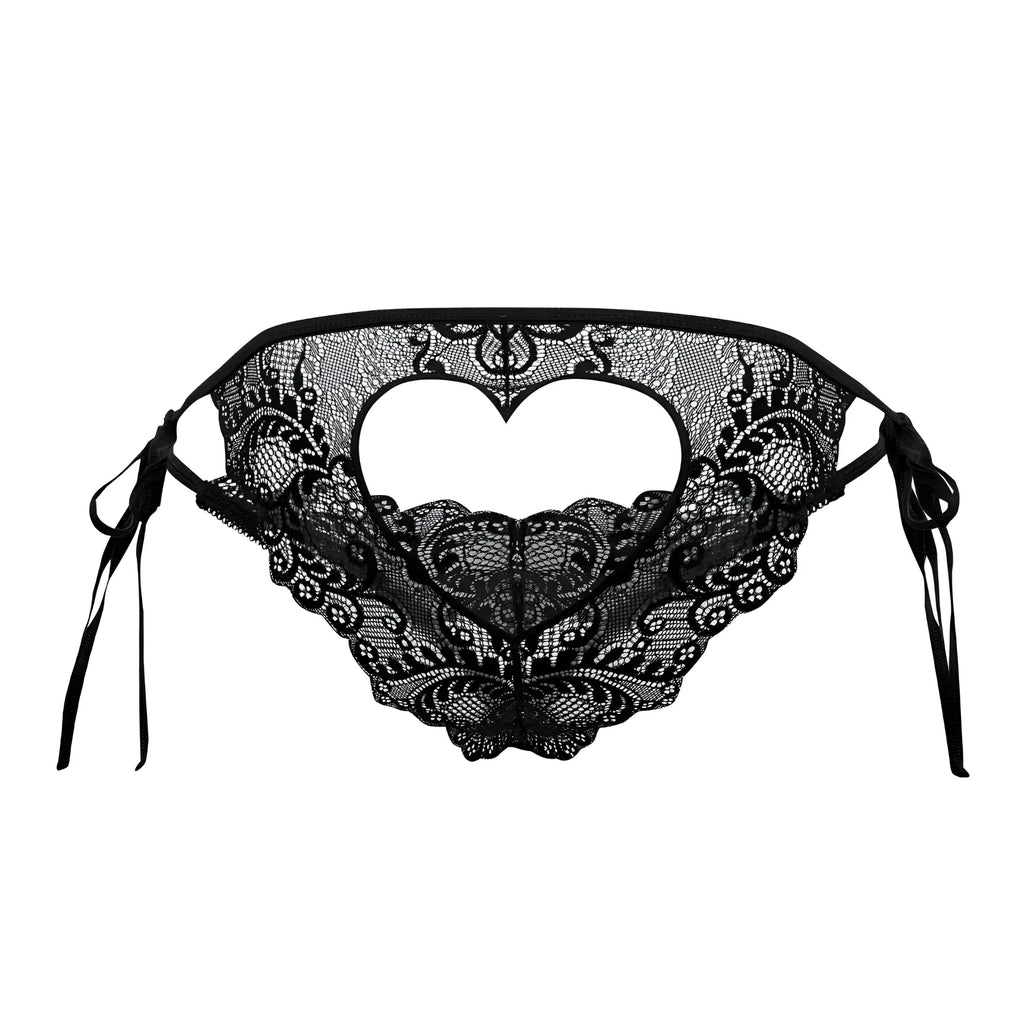 Black lace bikini bottom with heart-shaped cutout and tied side strings from candyman 99579 lace heart bikini in black