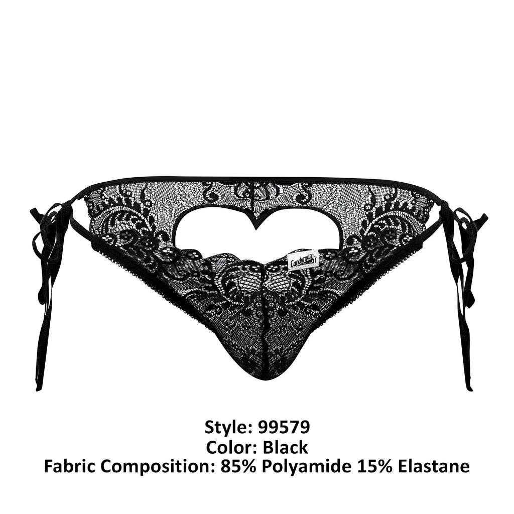 Black lace thong by Candyman with intricate floral patterns and heart-shaped cutout in black lace bikini style