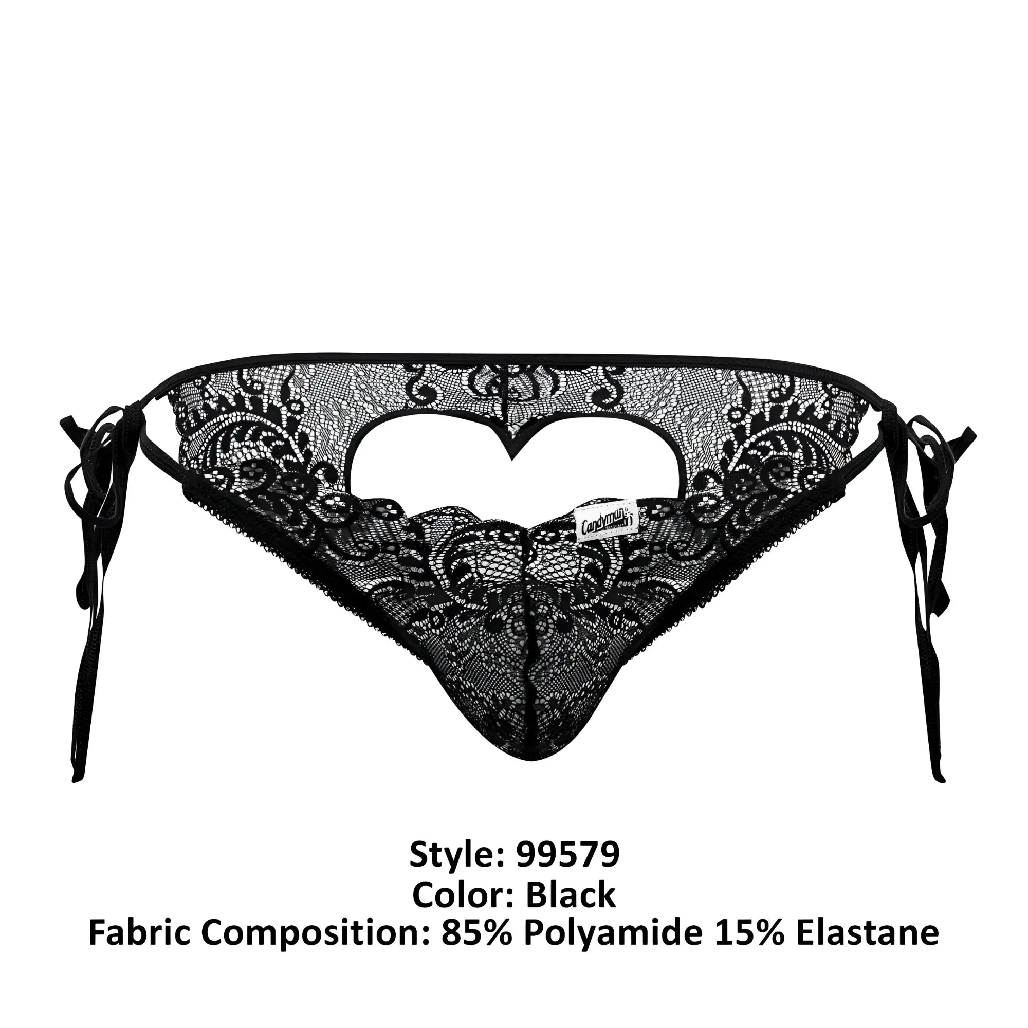 Black lace thong by Candyman with intricate floral patterns and heart-shaped cutout in black lace bikini style