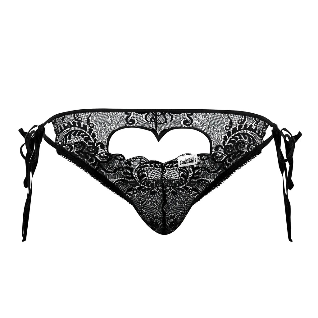CandyMan 99579 black lace thong with intricate floral patterns and heart-shaped cutout in front