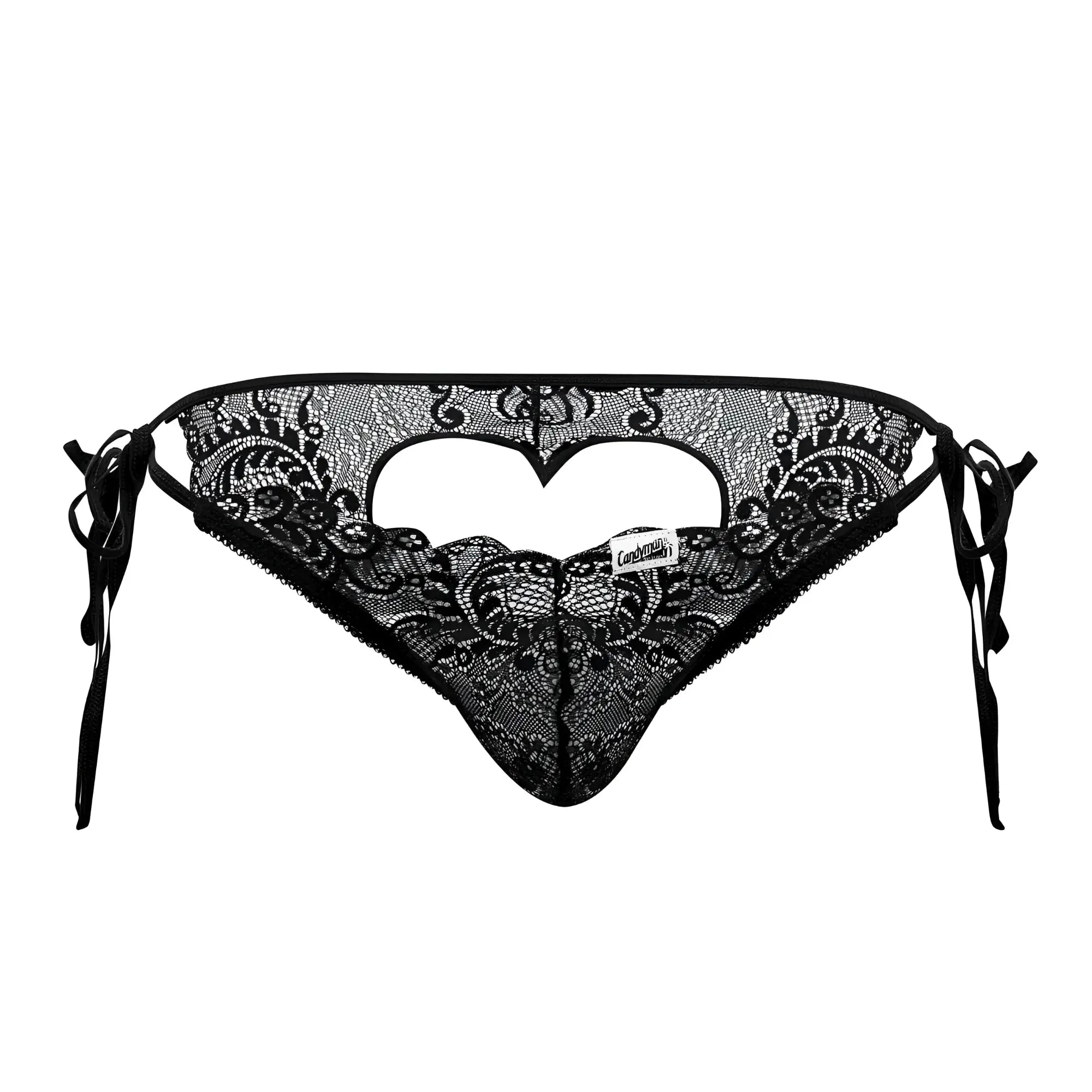 CandyMan 99579 black lace thong with intricate floral patterns and heart-shaped cutout in front