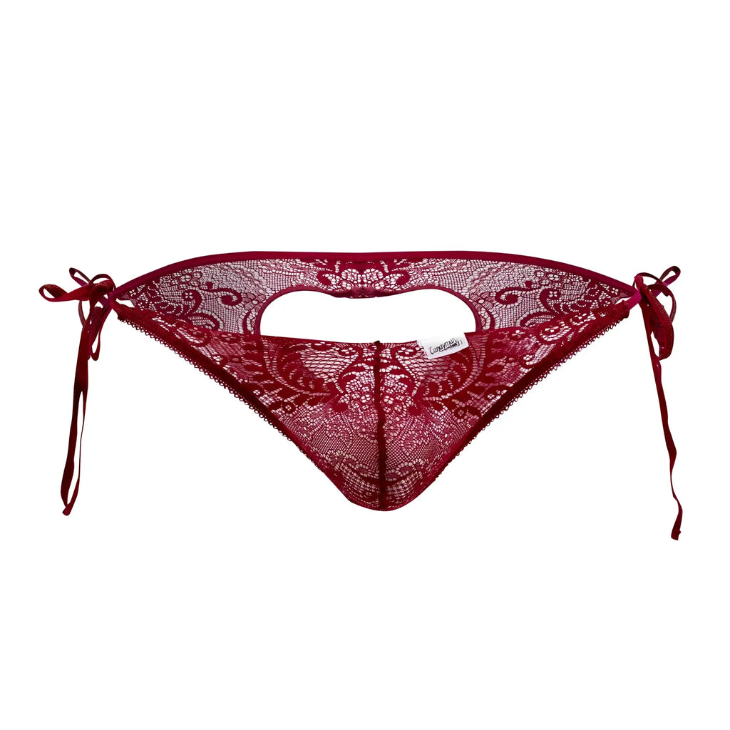 Burgundy candyman 99579 lace heart bikini bottom with intricate floral patterns and tied side ties