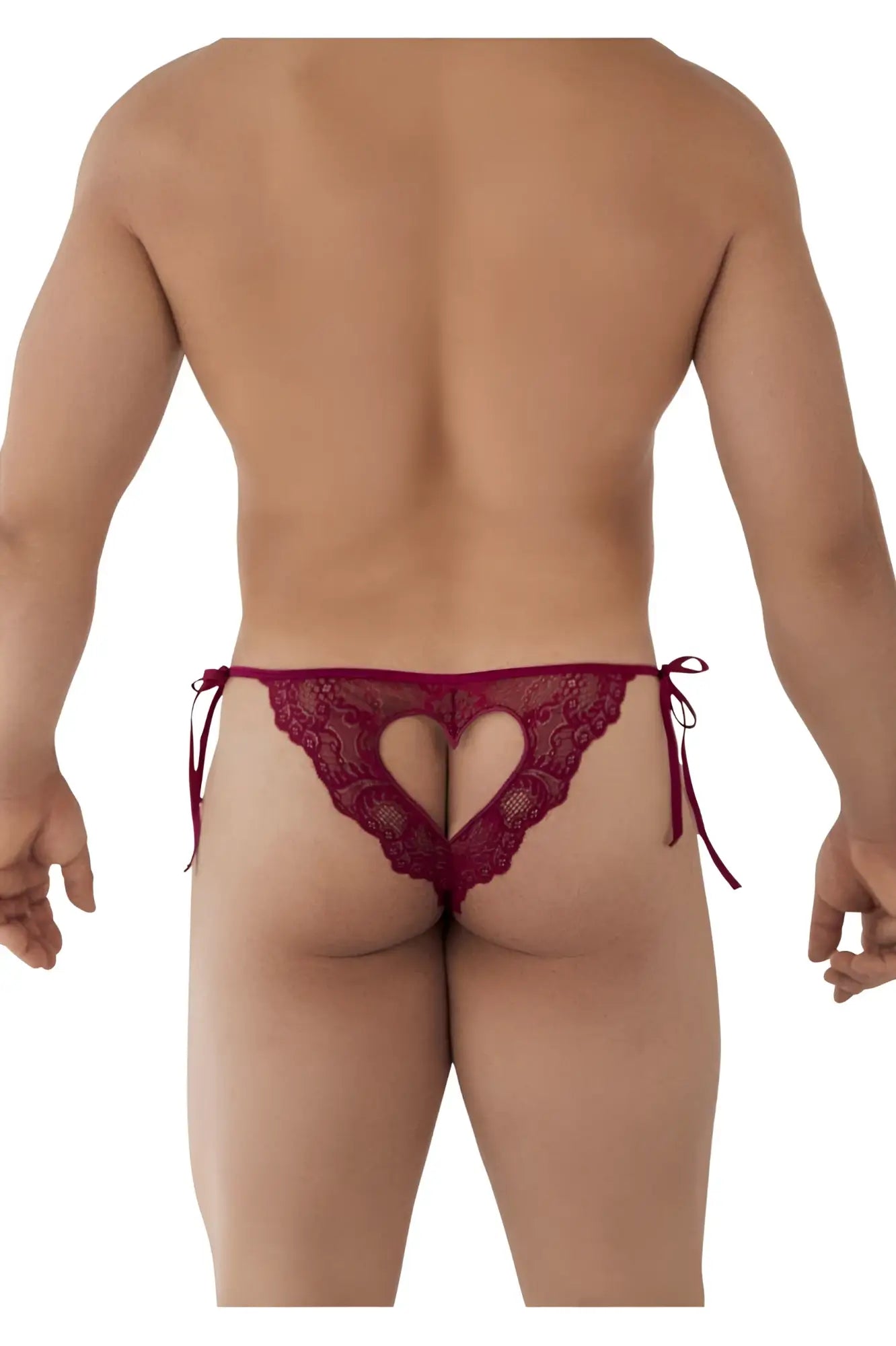 Deep red lace thong candy man 99579 with heart shaped cutout and tied side strings in burgundy color