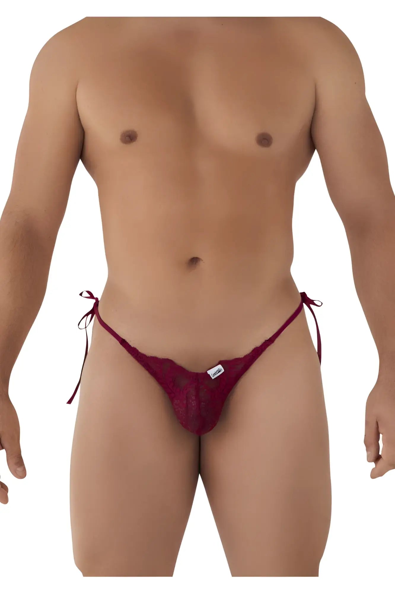 Deep red lace thong with tied side strings in burgundy lace heart bikini style by candyman model 99579