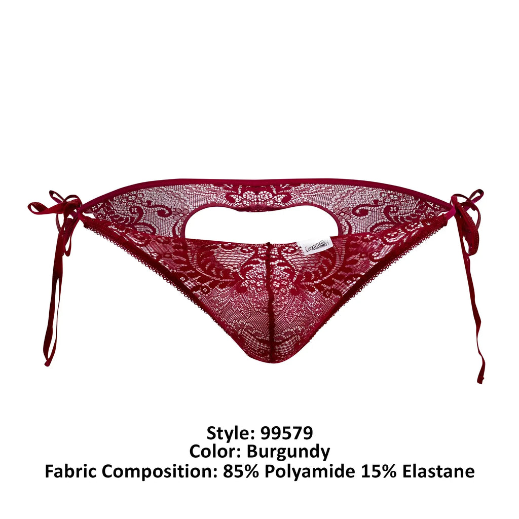 CandyMan 99579 burgundy lace heart bikini bottom with intricate floral patterns and adjustable side ties